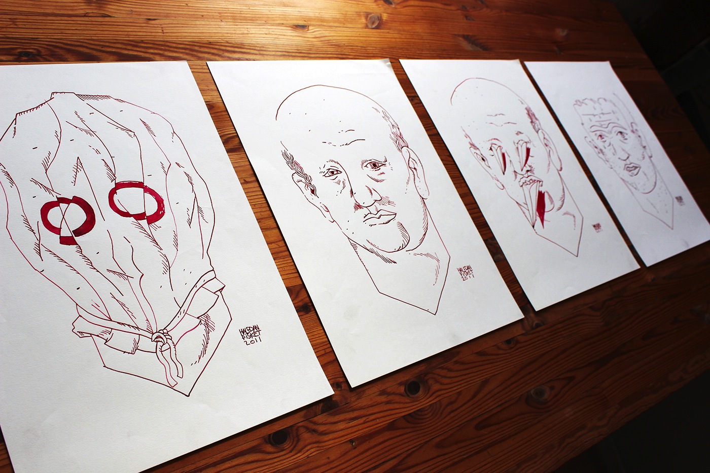 Mask II | Art-prints, Drawings, Giclee | Halfdan Pisket | Beauton Art Gallery art-prints, drawings, giclee, graphical, illustrative, portraiture, surrealistic, cartoons, moods, people, sexuality, red, white, ink, paper, marker, faces, men, sketch, Buy original high quality art. Paintings, drawings, limited edition prints & posters by talented artists.