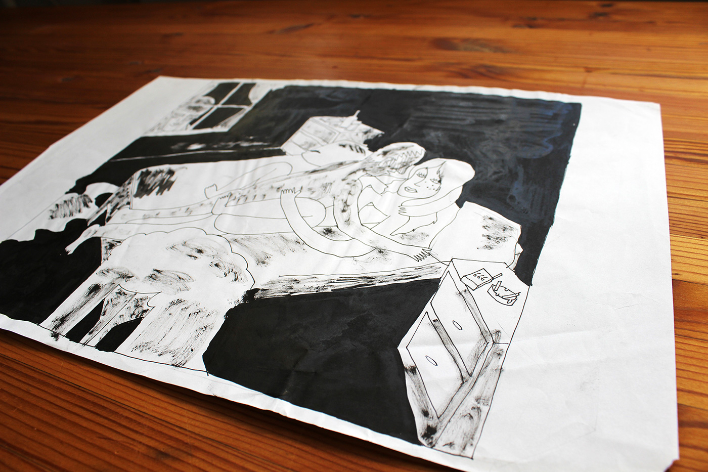 Original drawing by Halfdan Pisket - Beauton Art Gallery - Paintings, drawings, illustraions and art photography. sex mand woman boy looking bed black white strong and expressive art illustrations and drawings, talented Danish illustrator, cartoonist, faverige