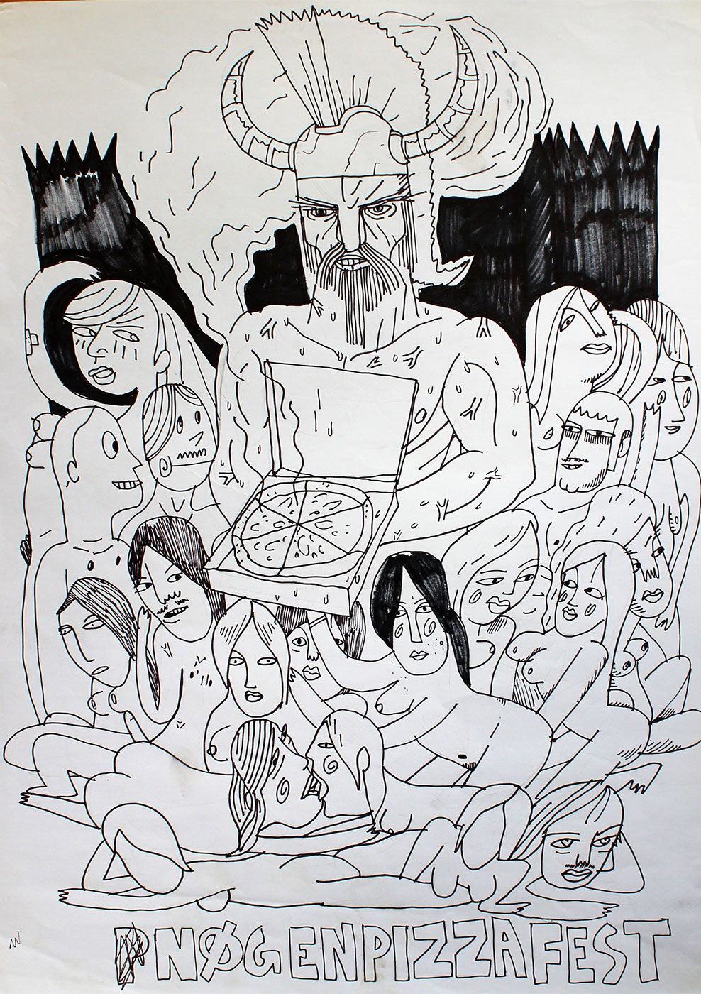 Naked Pizza Party | Drawings | Halfdan Pisket | Beauton Art Gallery drawings, illustrative, monochrome, surrealistic, bodies, cartoons, sexuality, black, white, paper, marker, black-and-white, food, men, sexual, women, Buy original high quality art. Paintings, drawings, limited edition prints & posters by talented artists.