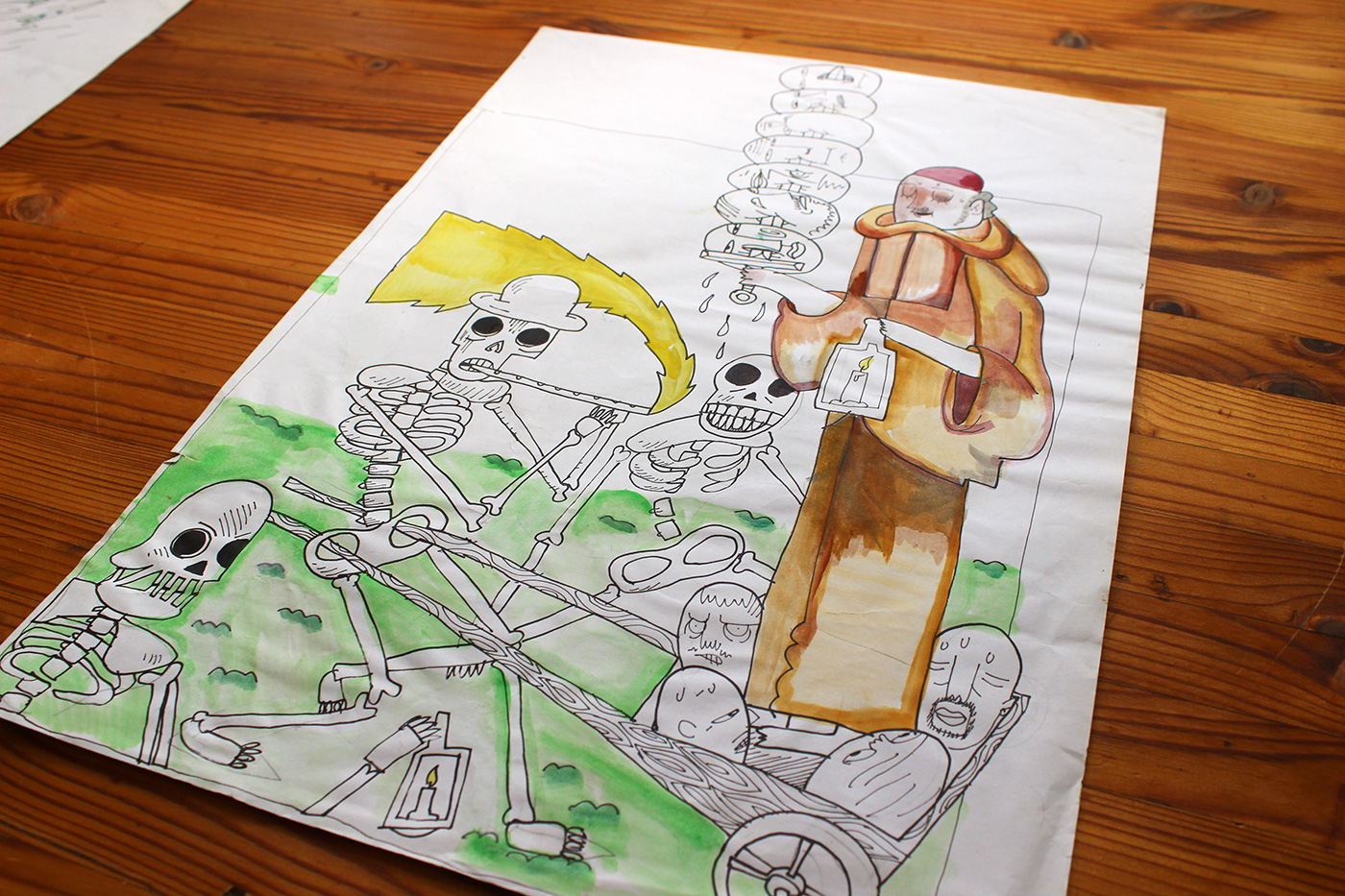 drawings, illustrative, cartoons, humor, people, religion, black, brown, green, yellow, artliner, paper, marker, clothing, death, men, scenery, Buy original high quality art. Paintings, drawings, limited edition prints & posters by talented artists.