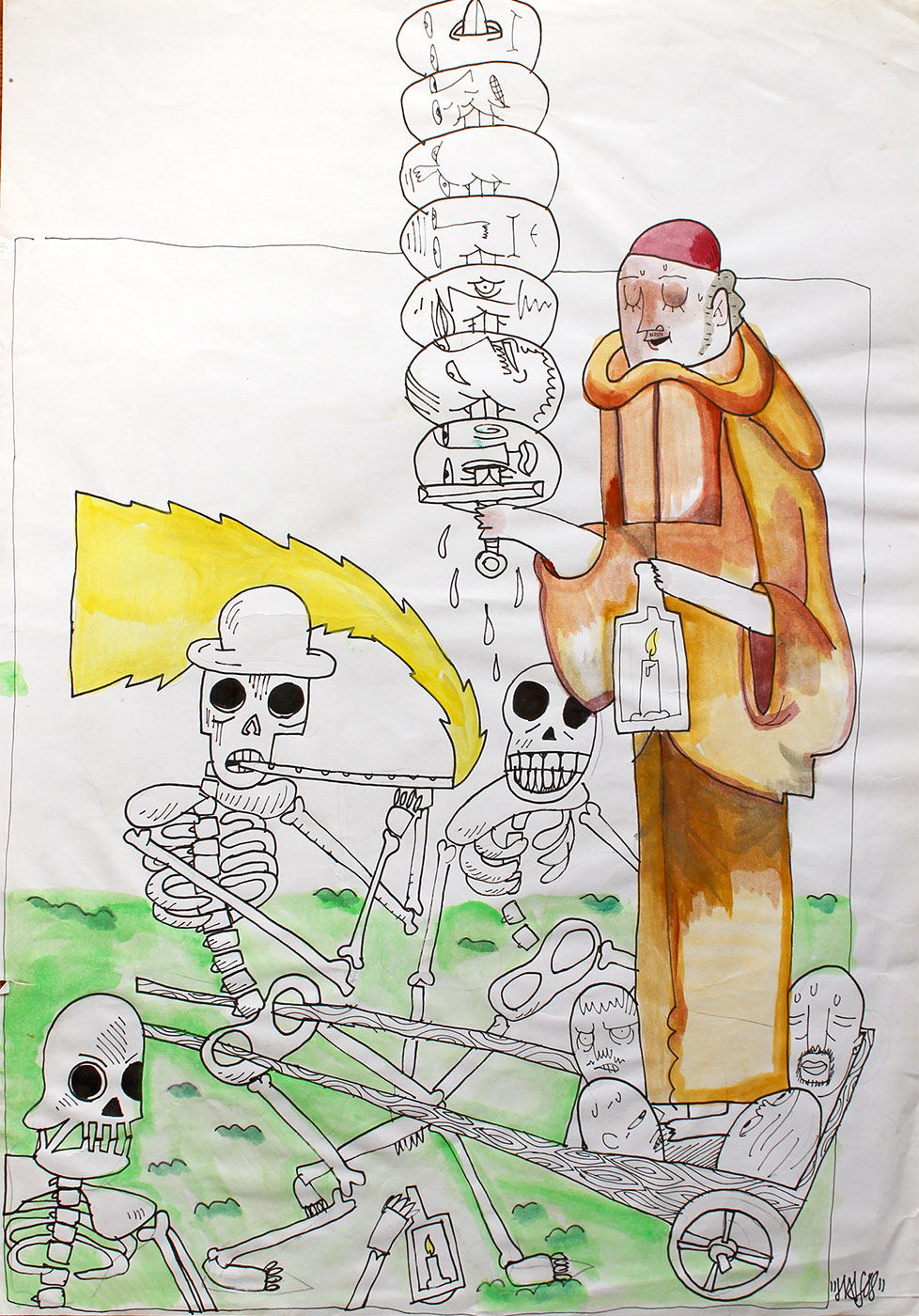 Untitled VIII | Drawings | Halfdan Pisket | Beauton Art Gallery drawings, illustrative, cartoons, humor, people, religion, black, brown, green, yellow, artliner, paper, marker, clothing, death, men, scenery, Buy original high quality art. Paintings, drawings, limited edition prints & posters by talented artists.