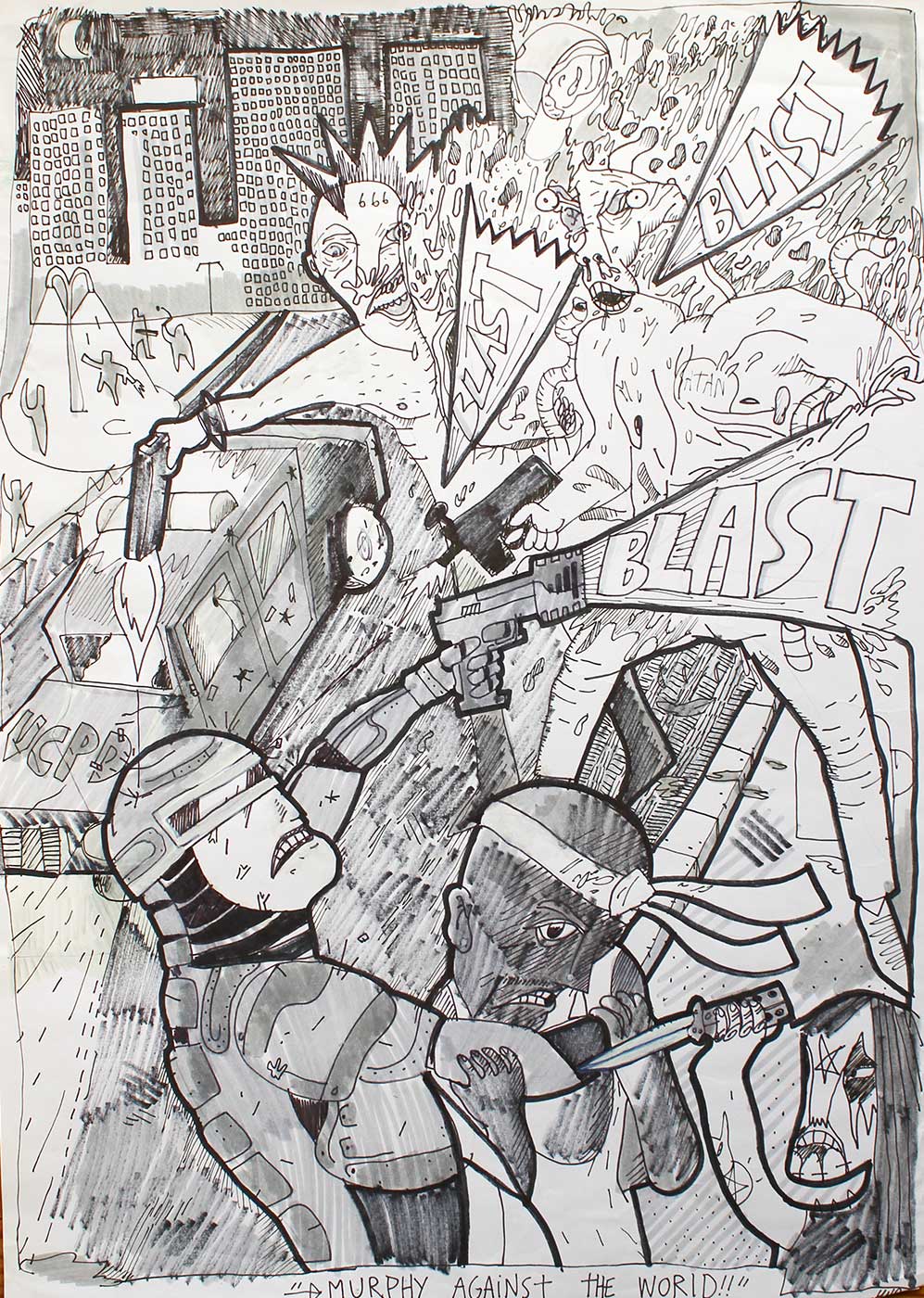 RoboCop II | Drawings | Halfdan Pisket | Beauton Art Gallery drawings, figurative, geometric, portraiture, surrealistic, architecture, black, white, artliner, paper, marker, fantasy, Buy original high quality art. Paintings, drawings, limited edition prints & posters by talented artists.