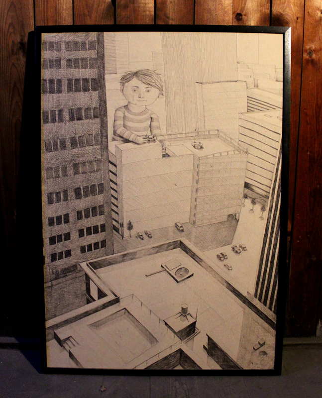 Photo drawing of a boy in the big city, houses, buildings, skyscraper, art drawings and illustrations online, talented artists, art online