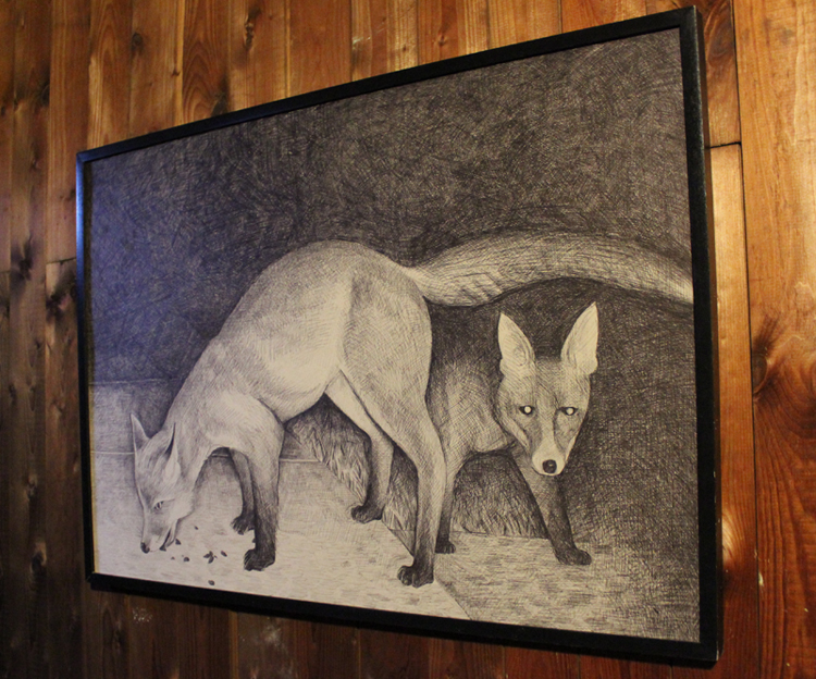 Fox with cup pen bic ballpoint pen drawing illustration black and white, good technique, talented artists, online art gallery