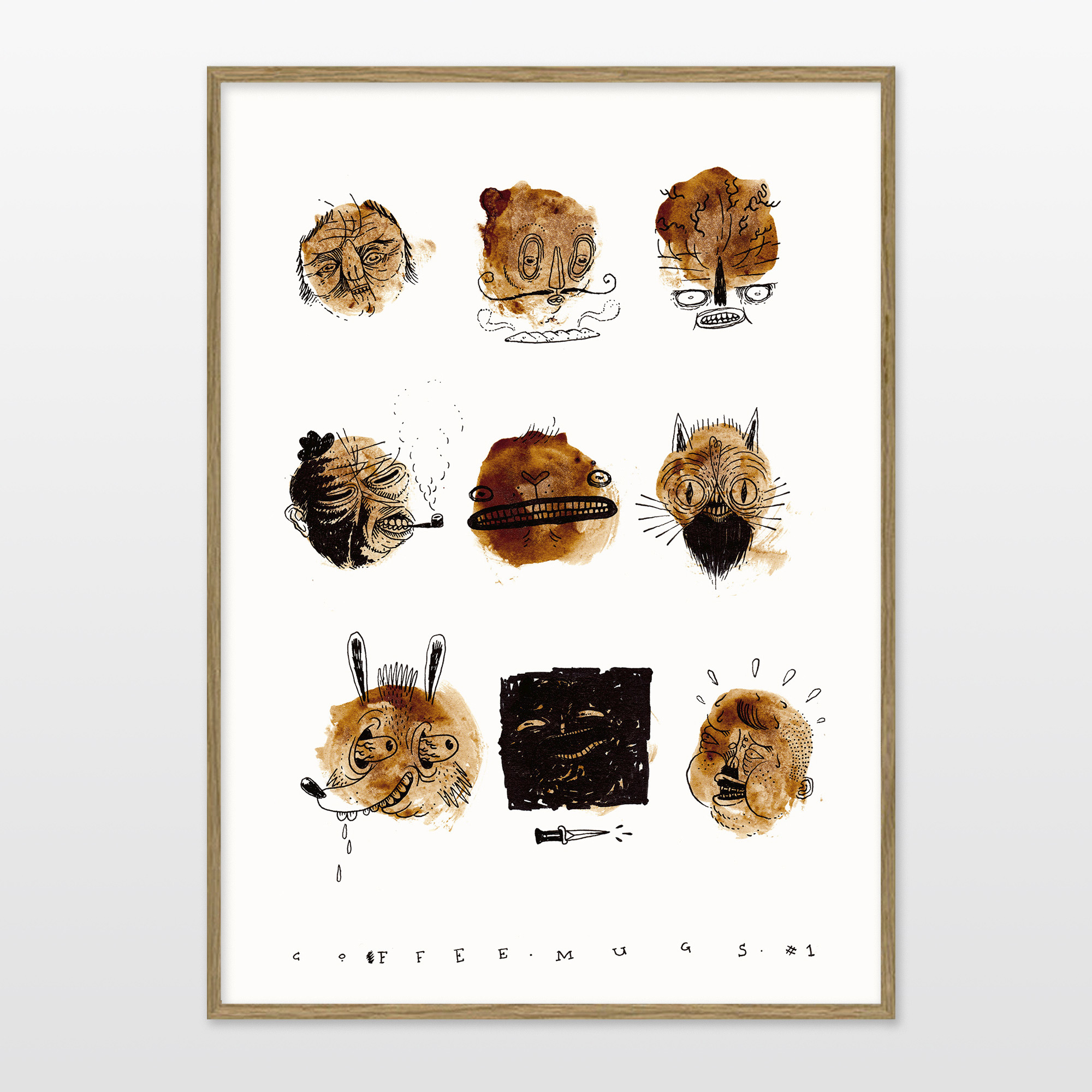 Coffee Mugs #1 | Posters-prints, Giclee-print | Patrick Ringsborg | Beauton Art Gallery posters-prints, giclee-print, abstract, family-friendly, humor, patterns, people, black, brown, white, paper, amusing, contemporary-art, danish, decorative, design, faces, interior, interior-design, modern, modern-art, nordic, posters, prints, scandinavien, Buy original high quality art. Paintings, drawings, limited edition prints & posters by talented artists.