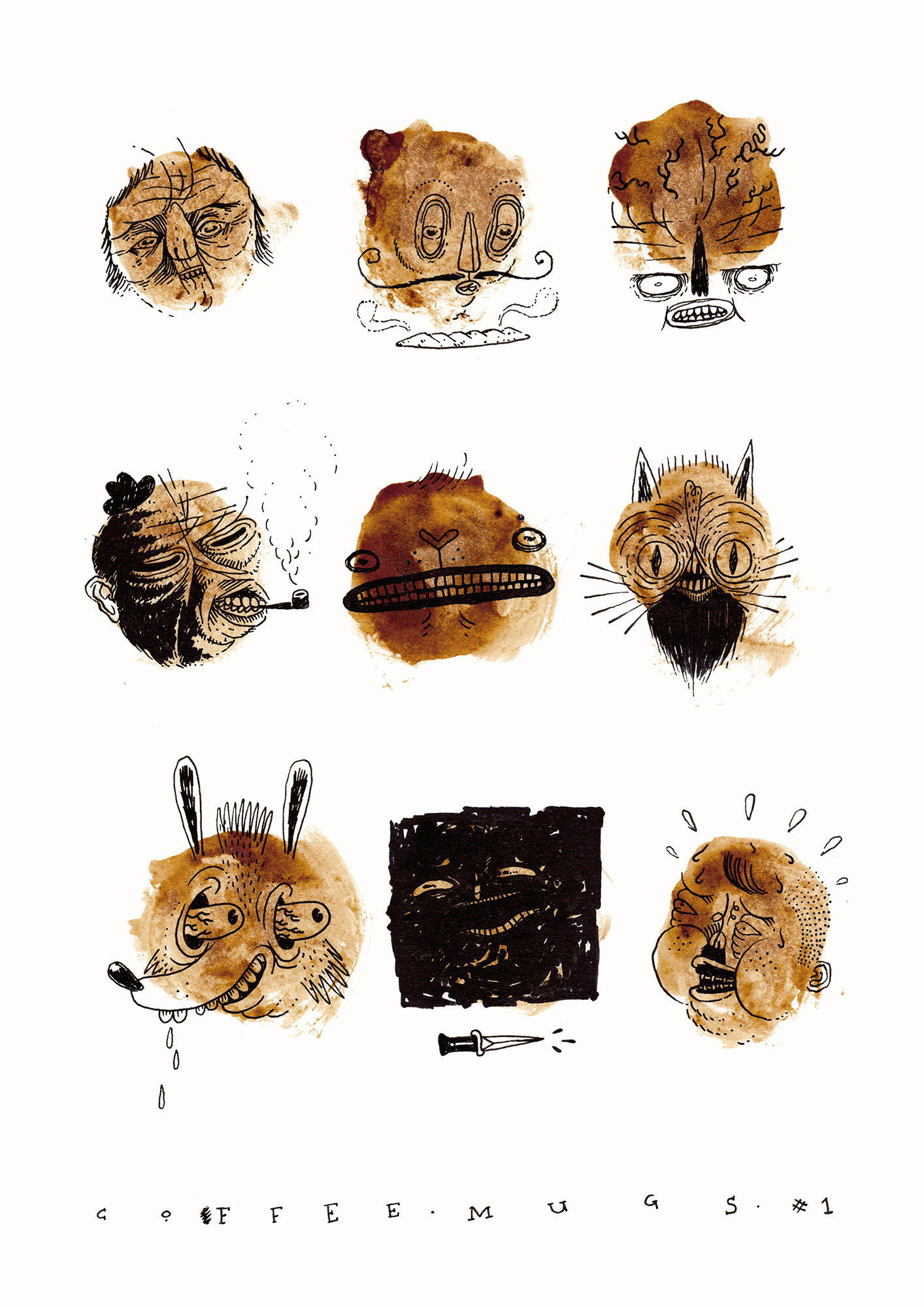 Coffee Mugs #1 | Posters-prints, Giclee-print | Patrick Ringsborg | Beauton Art Gallery posters-prints, giclee-print, abstract, family-friendly, humor, patterns, people, black, brown, white, paper, amusing, contemporary-art, danish, decorative, design, faces, interior, interior-design, modern, modern-art, nordic, posters, prints, scandinavien, Buy original high quality art. Paintings, drawings, limited edition prints & posters by talented artists.