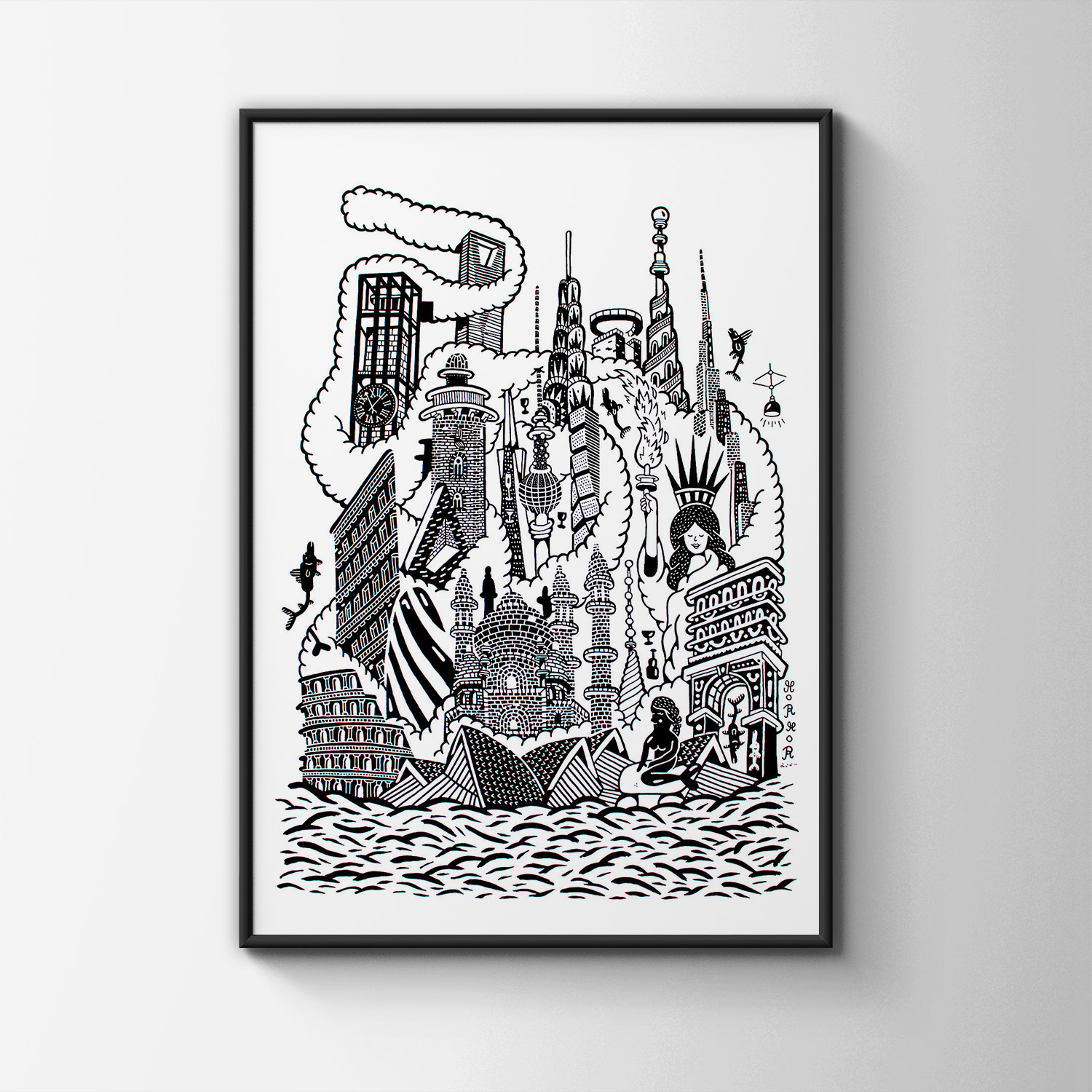 posters-prints, giclee-print, family-friendly, geometric, illustrative, monochrome, architecture, humor, oceans, black, white, ink, paper, amusing, architectural, beach, black-and-white, buildings, danish, decorative, design, fish, interior, interior-design, nordic, posters, scandinavien, sea, ships, water, Buy original high quality art. Paintings, drawings, limited edition prints & posters by talented artists.