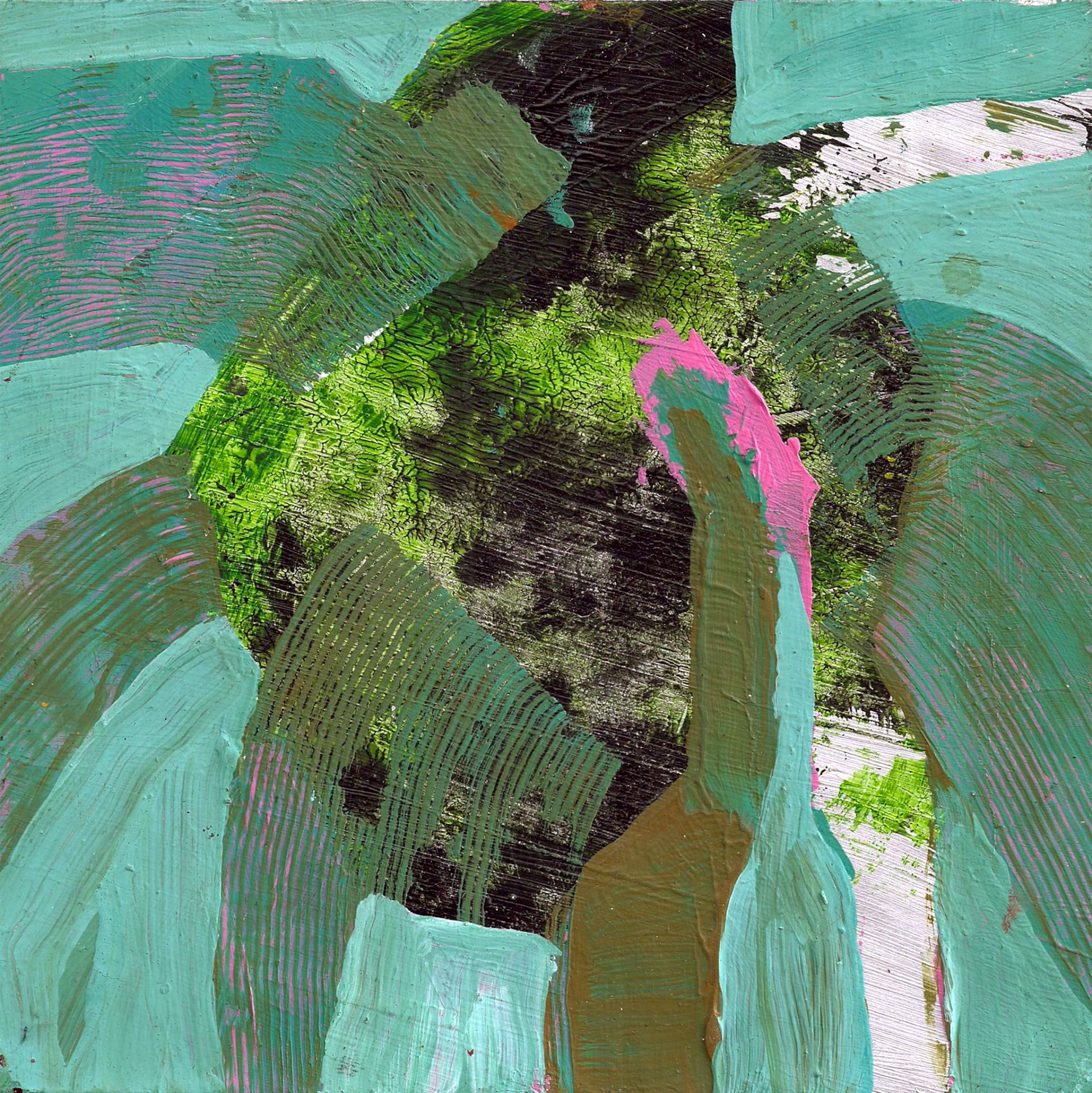 Abstract Juice - 20 x 20 cm. Original painting by Piotr Dudek.  It is a search for an organic, lively matter. The picture can be associated with a fruit with juices coming out of it. I like variety and saturated color. I want the viewer to feel optimistic and appreciate life.  Keywords: texture, organic, abstract, flow, green