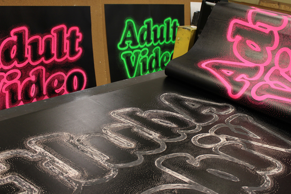 Adult Video Pink - 140 x 100 cm. Limited edition linocut print by Marta Banaszak ADULT VIDEO linocut_printing process