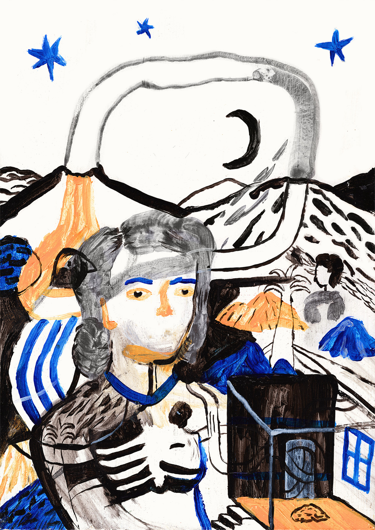 Within | Posters-prints, Giclee-print | Emilie Aastrup | Beauton Art Gallery posters-prints, giclee-print, figurative, portraiture, surrealistic, people, black, blue, orange, white, acrylic, watercolor, wood, other-mediums, abstract-forms, contemporary-art, copenhagen, decorative, faces, female, interior, interior-design, modern, modern-art, nordic, posters, scandinavien, trees, women, Buy original high quality art. Paintings, drawings, limited edition prints & posters by talented artists.