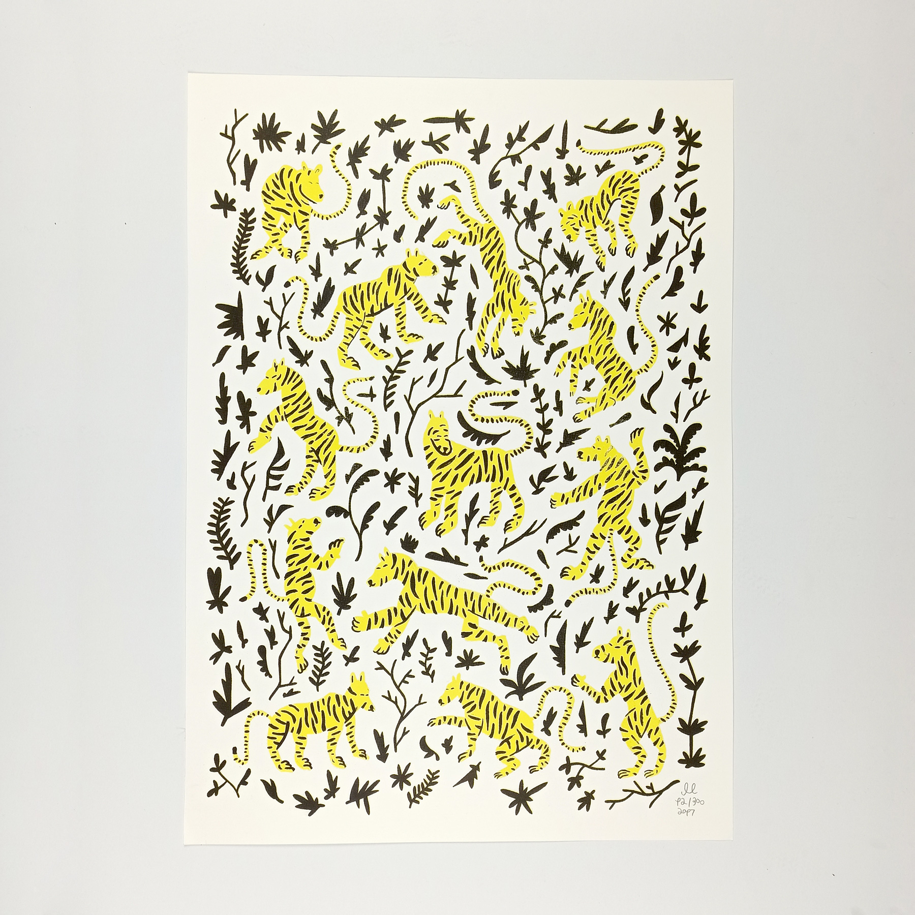 13 Tigers | Posters-prints, Serigraphs | Mormor | Beauton Art Gallery posters-prints, serigraphs, family-friendly, figurative, illustrative, pop, animals, cartoons, children, patterns, wildlife, black, white, yellow, ink, paper, posters, Buy original high quality art. Paintings, drawings, limited edition prints & posters by talented artists.