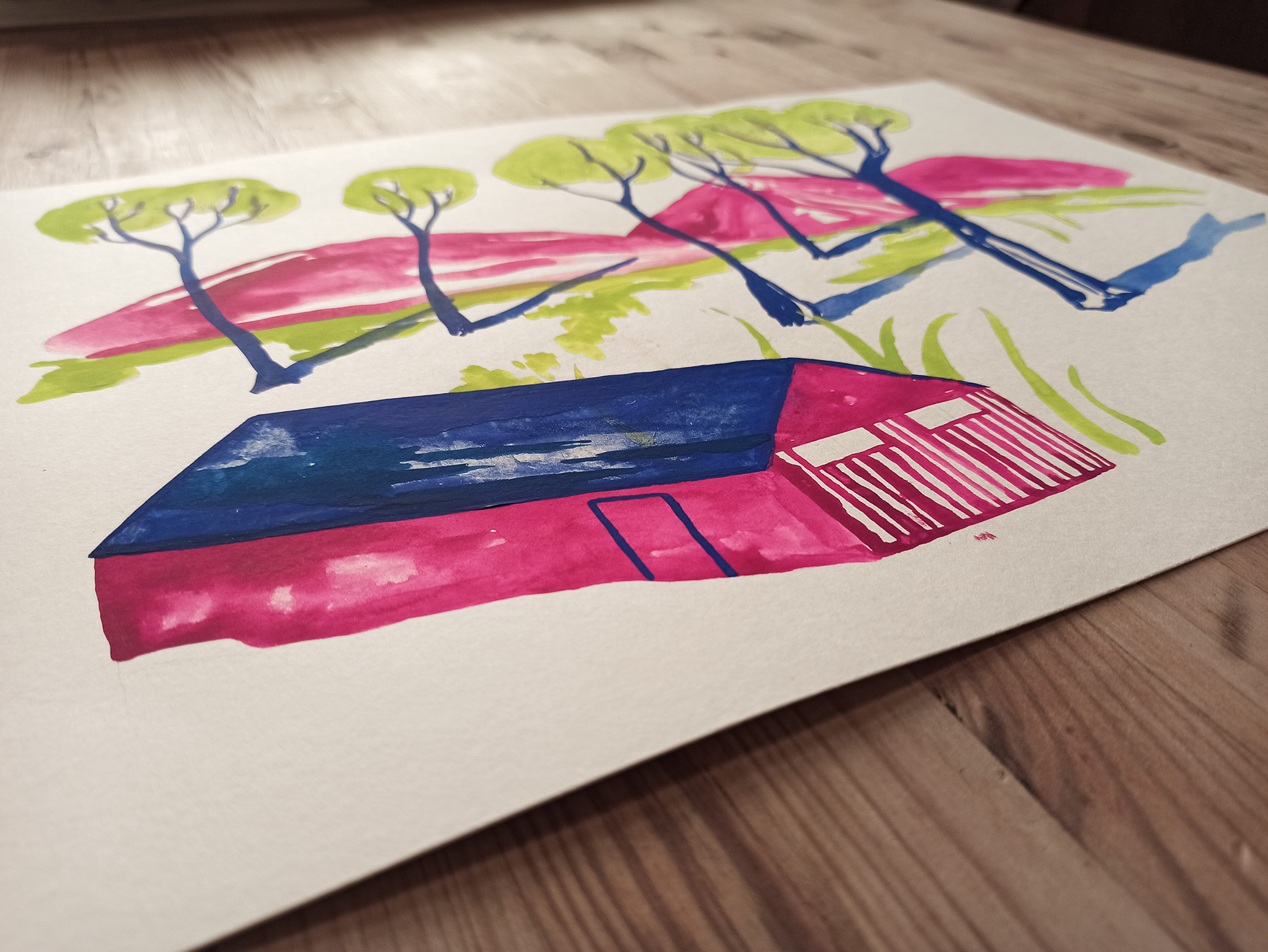 drawings, gouache-painting, watercolor-paintings, aesthetic, figurative, graphical, illustrative, landscape, pop, architecture, botany, nature, people, blue, green, violet, gouache, ink, paper, beautiful, danish, decorative, design, forest, houses, interior, interior-design, modern, mountains, nordic, plants, posters, pretty, prints, scandinavien, trees, Buy original high quality art. Paintings, drawings, limited edition prints & posters by talented artists.