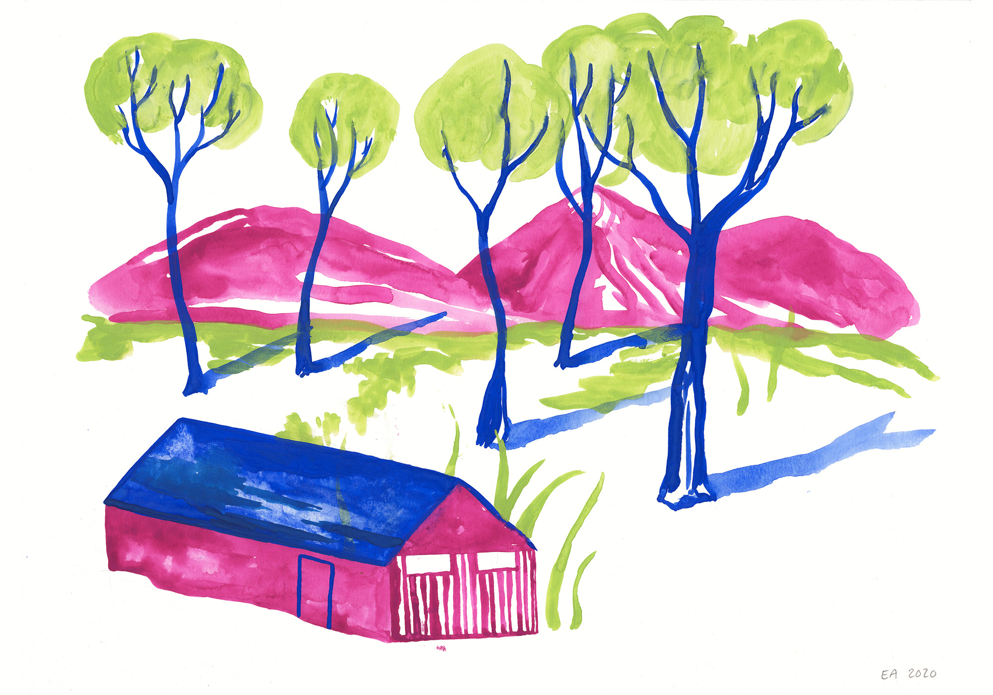 Valley | Drawings, Gouache-painting, Watercolor-paintings | Emilie Aastrup | Beauton Art Gallery drawings, gouache-painting, watercolor-paintings, aesthetic, figurative, graphical, illustrative, landscape, pop, architecture, botany, nature, people, blue, green, violet, gouache, ink, paper, beautiful, danish, decorative, design, forest, houses, interior, interior-design, modern, mountains, nordic, plants, posters, pretty, prints, scandinavien, trees, Buy original high quality art. Paintings, drawings, limited edition prints & posters by talented artists.