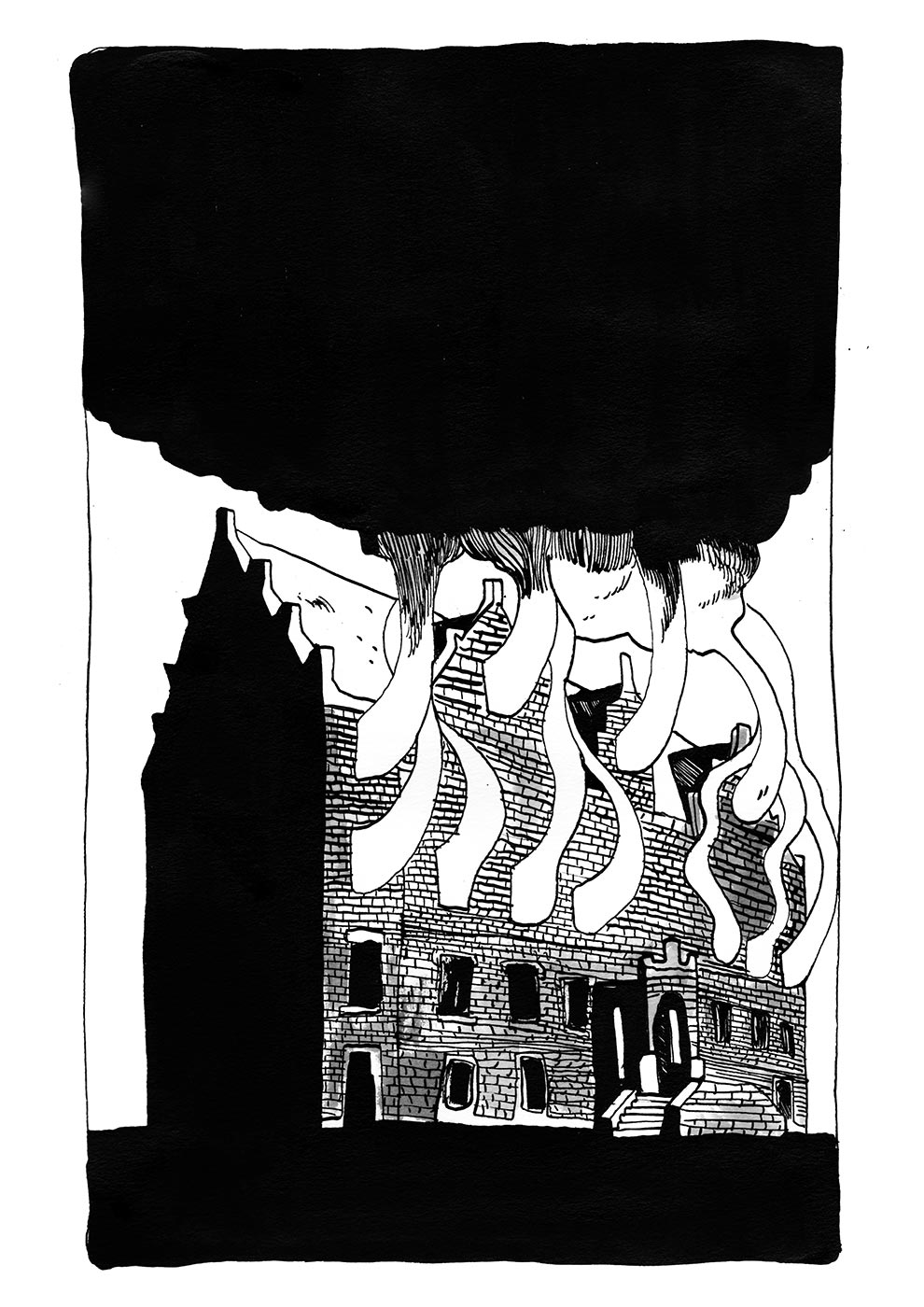 Fire | Art-prints, Gliceé | Halfdan Pisket | Beauton Art Gallery art-prints, gliceé, graphical, illustrative, monochrome, architecture, sky, black, white, ink, paper, atmosphere, black-and-white, buildings, contemporary-art, danish, design, interior, interior-design, modern, modern-art, nordic, posters, prints, Buy original high quality art. Paintings, drawings, limited edition prints & posters by talented artists.