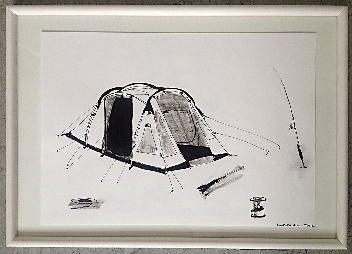 C.A.M.P.I.N.G 1 | Drawings | Thomas Dausell | Beauton Art Gallery drawings, family-friendly, figurative, illustrative, monochrome, everyday life, nature, black, white, paper, marker, black-and-white, natural, naturalism, outdoors, pop-art, realism, scenery, summer, Buy original high quality art. Paintings, drawings, limited edition prints & posters by talented artists.