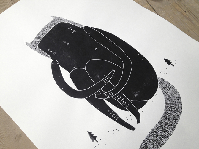 BIG AND LONELY. Silk screen print. 1 of 50. Numbered and signed. Part of the series "If only life was simple" art online, art online, talented artists, online art, beautiful illustrations and drawings, art prints, interior design inspiration