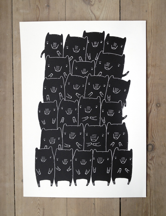 BEAR FAMILY - 30 x 42. Silk screen print. 1 of 50. Numbered and signed. Part of the series "If only life was simple" art online, art online, talented artists, online art, beautiful illustrations and drawings, art prints, interior design inspiration