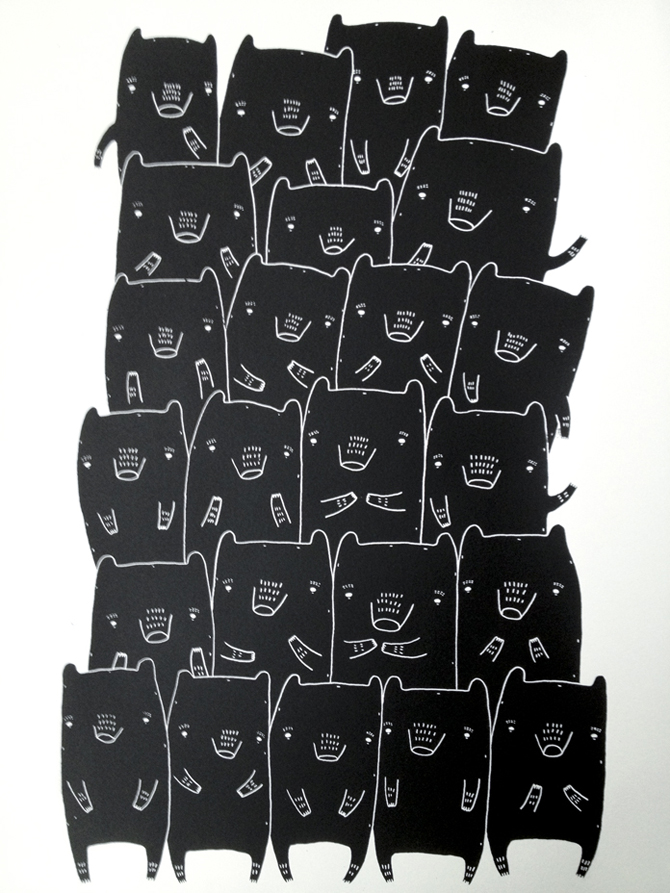 BEAR FAMILY - 30 x 42. Silk screen print. 1 of 50. Numbered and signed. Part of the series "If only life was simple" art online, art online, talented artists, online art, beautiful illustrations and drawings, art prints, interior design inspiration
