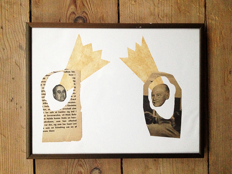 Art exhibition, Talking Heads - 25 x 19. An original collage of My Buemann. The collage is framed in a dark brown vintage wooden frame. collage perfect for home home decor, original art, gift idea, galleries, talented artists, illustrators