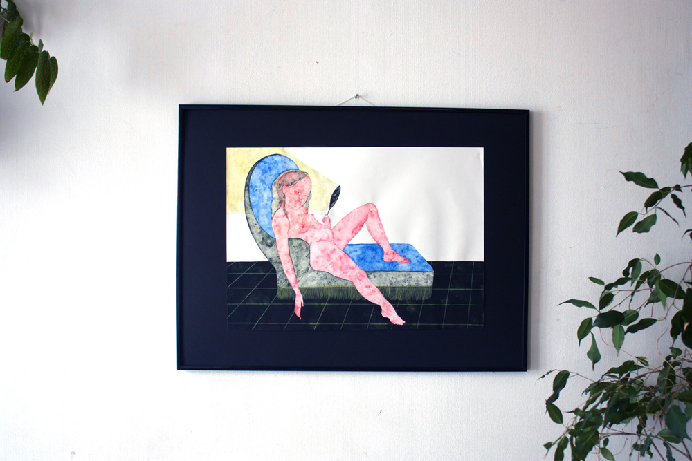 Divan | Drawings, Gouache, Watercolors | Marthe Jung | Beauton Art Gallery drawings, gouache, watercolors, figurative, illustrative, portraiture, bodies, moods, people, sexuality, black, blue, pink, yellow, gouache, paper, contemporary-art, copenhagen, danish, decorative, female, feminist, interior, interior-design, modern, modern-art, nordic, nude, vivid, women, Buy original high quality art. Paintings, drawings, limited edition prints & posters by talented artists.