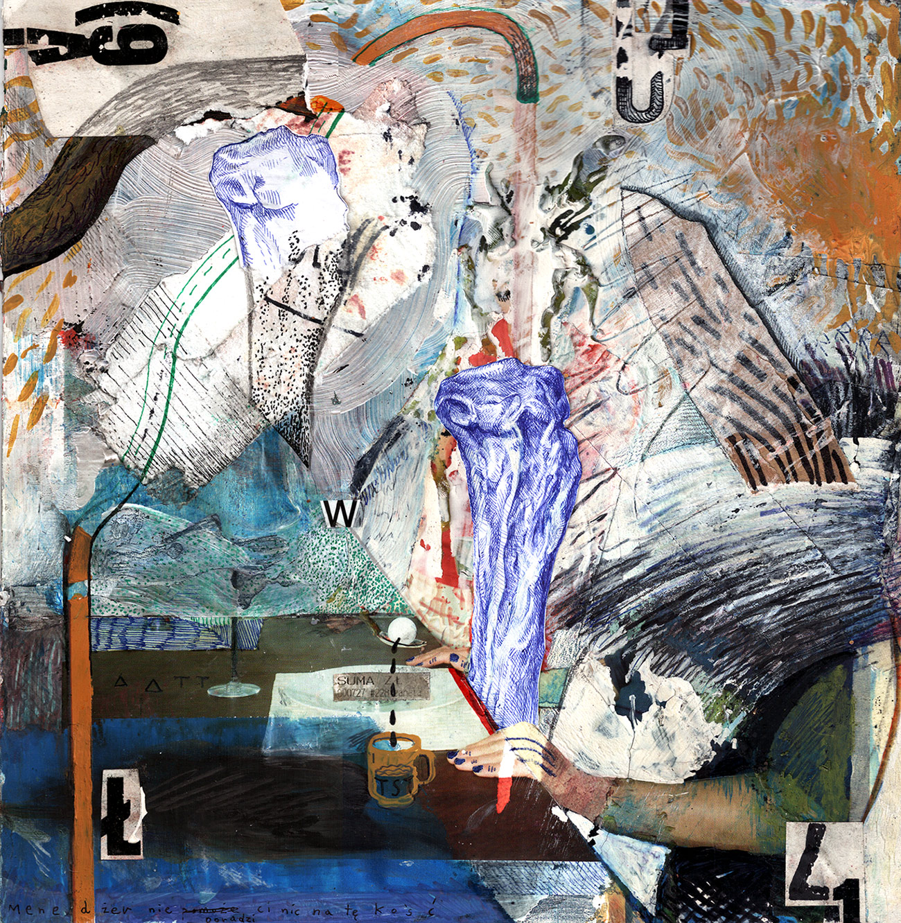 Detail view of the drawing, Man drinking, abstract patterns, art drawings in art galleries, framed