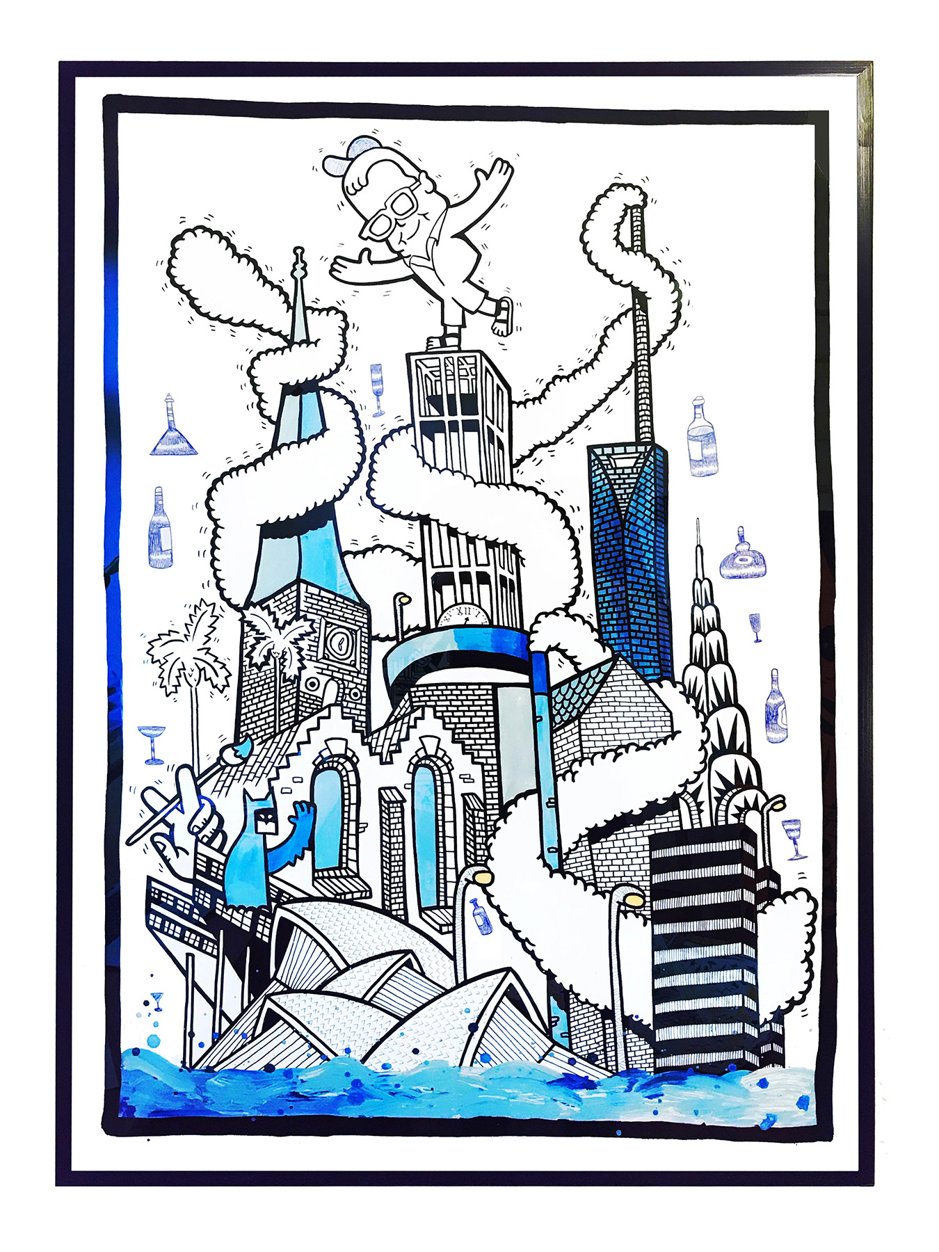 Aarhus | Art-prints, Gliceé | Mormor | Beauton Art Gallery art-prints, gliceé, geometric, pop, architecture, humor, black, blue, white, ink, paper, abstract-forms, amusing, architectural, buildings, street-art, Buy original high quality art. Paintings, drawings, limited edition prints & posters by talented artists.