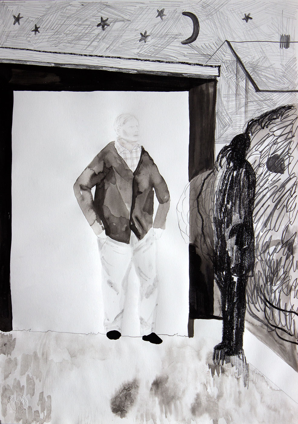 Untitled #26 | Drawings, Watercolors | Emilie Aastrup | Beauton Art Gallery drawings, watercolors, figurative, illustrative, portraiture, architecture, patterns, black, grey, white, paper, pencils, watercolor, black-and-white, buildings, danish, decorative, design, interior, interior-design, male, nordic, scandinavien, Buy original high quality art. Paintings, drawings, limited edition prints & posters by talented artists.