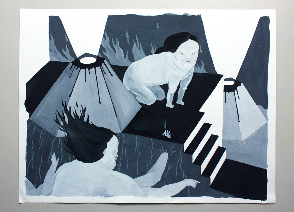 Hell | Drawings, Gouache, Watercolors | Marthe Jung | Beauton Art Gallery drawings, gouache, watercolors, illustrative, monochrome, portraiture, surrealistic, bodies, cartoons, moods, nature, black, grey, white, gouache, paper, black-and-white, danish, dark, decorative, design, interior, interior-design, nordic, scandinavien, women, Buy original high quality art. Paintings, drawings, limited edition prints & posters by talented artists.
