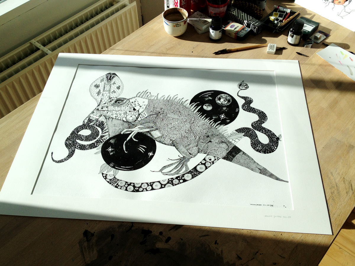 Iguana and Snake signs. An illustration by artist Marianne Stenberg. illustration. Expressive modern art. animals. talented artists, online art gallery.