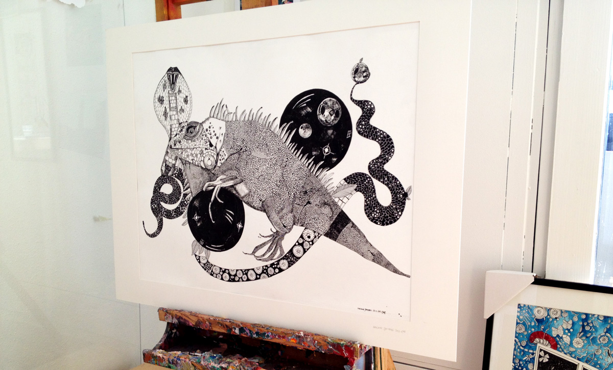 Iguana and Snake signs. An illustration by artist Marianne Stenberg. illustration. Expressive modern art. animals. talented artists, online art gallery.