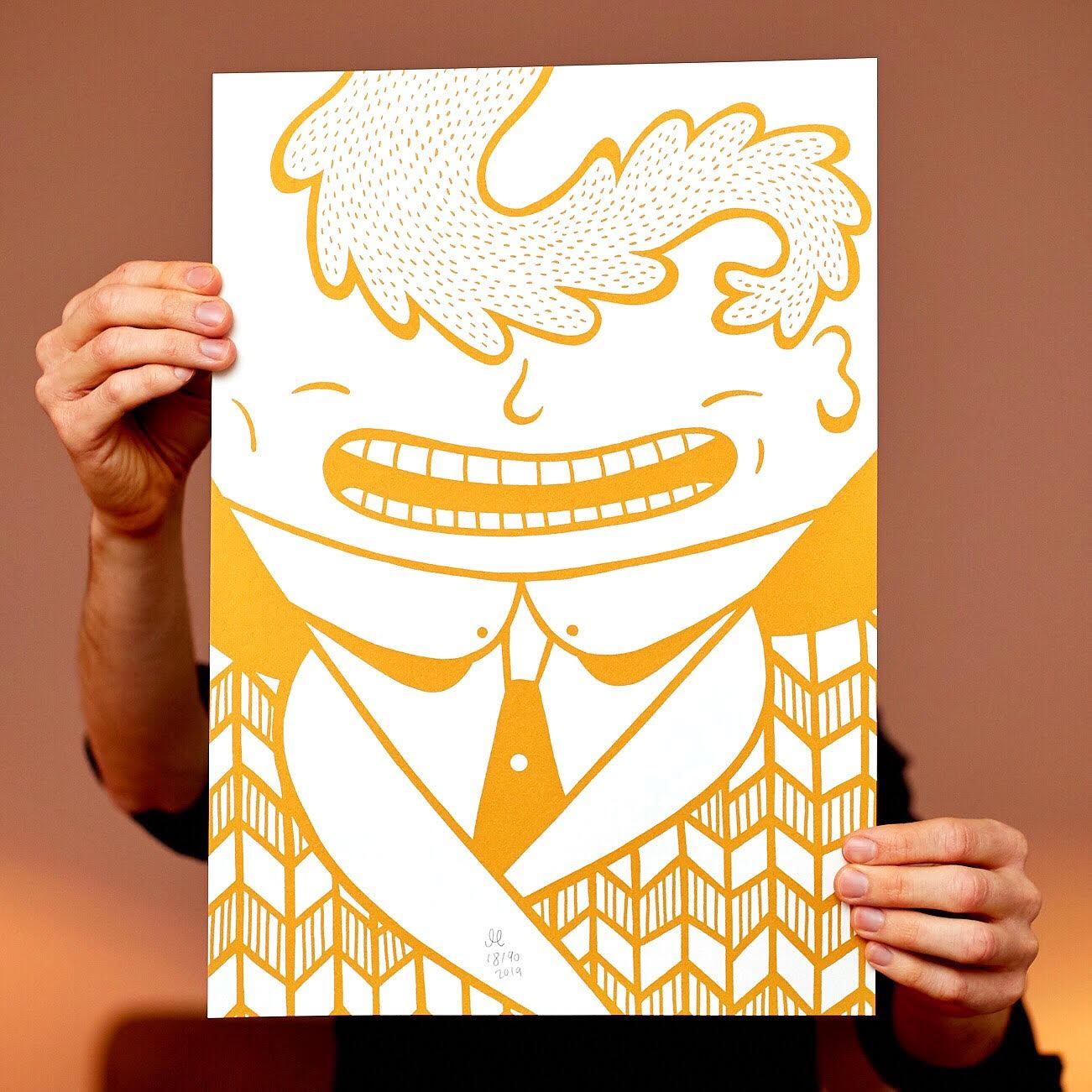 Golden Gentleman | Art-prints, Serigraphs | Mormor | Beauton Art Gallery art-prints, serigraphs, family-friendly, figurative, monochrome, pop, cartoons, humor, people, gold, white, acrylic, paper, amusing, contemporary-art, copenhagen, danish, decorative, design, faces, interior, interior-design, modern, modern-art, nordic, pop-art, posters, prints, scandinavien, urban, Buy original high quality art. Paintings, drawings, limited edition prints & posters by talented artists.