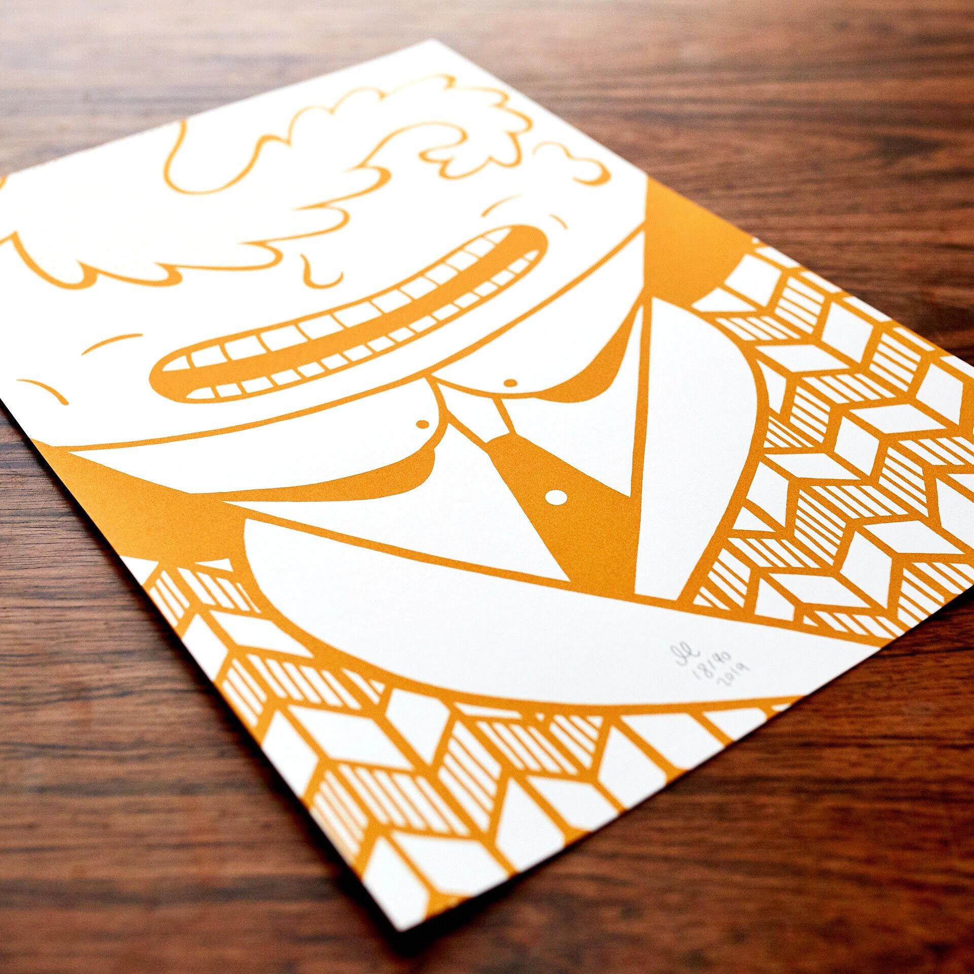 Golden Gentleman | Art-prints, Serigraphs | Mormor | Beauton Art Gallery art-prints, serigraphs, family-friendly, figurative, monochrome, pop, cartoons, humor, people, gold, white, acrylic, paper, amusing, contemporary-art, copenhagen, danish, decorative, design, faces, interior, interior-design, modern, modern-art, nordic, pop-art, posters, prints, scandinavien, urban, Buy original high quality art. Paintings, drawings, limited edition prints & posters by talented artists.