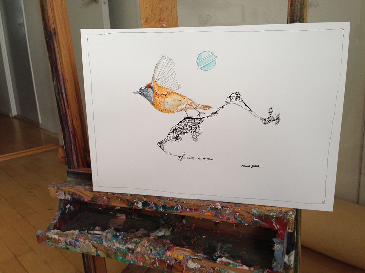 Gravity is not an option - 40 x 29 cm. An original illustration by Marianne Stenberg illustrations perfect for home home decor, original art, gift idea, galleries, talented artists, illustrators Collage on display in the frame
