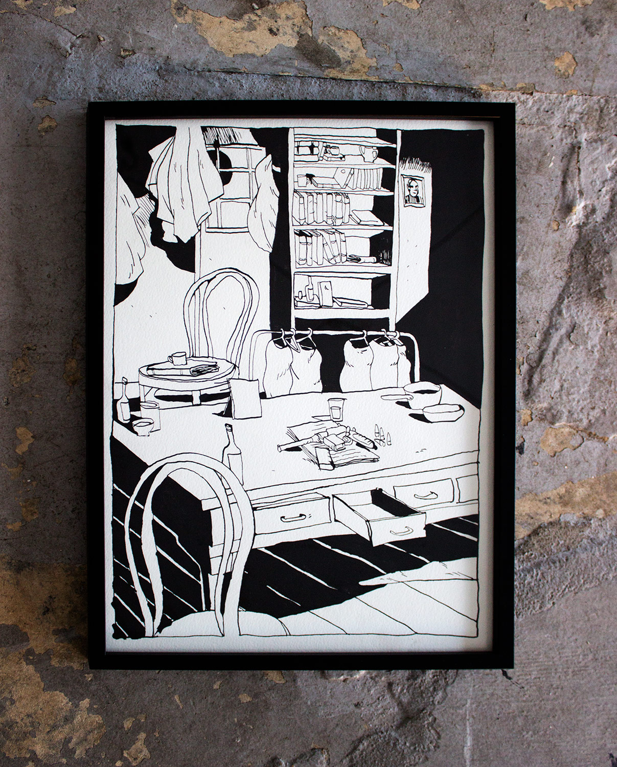 Room with a gun | Drawings | Halfdan Pisket | Beauton Art Gallery drawings, geometric, surrealistic, architecture, black, white, artliner, paper, marker, time, Buy original high quality art. Paintings, drawings, limited edition prints & posters by talented artists.