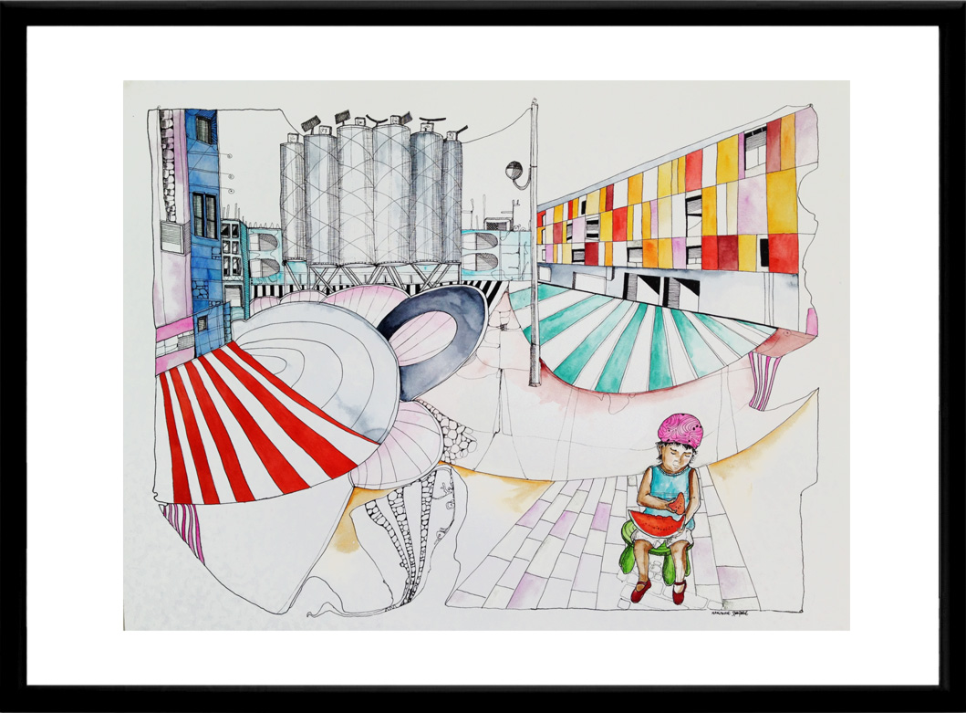 illustrations. Expressive modern art. buildings, colors, watermelon. talented artists, online art gallery.