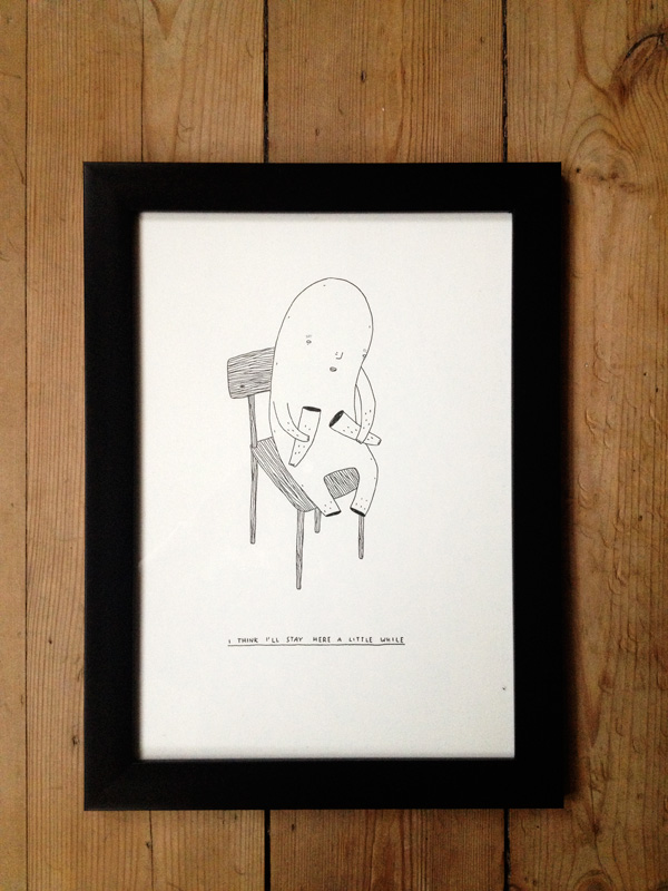 Art exhibition, I think I will stay here a little while - 30 x 21. An original illustration of My Buemann. The artwork is framed in a black wooden frame. Black and white illustrations perfect for home interior decoration, original art, gift idea, galleries, talented artists, illustrators