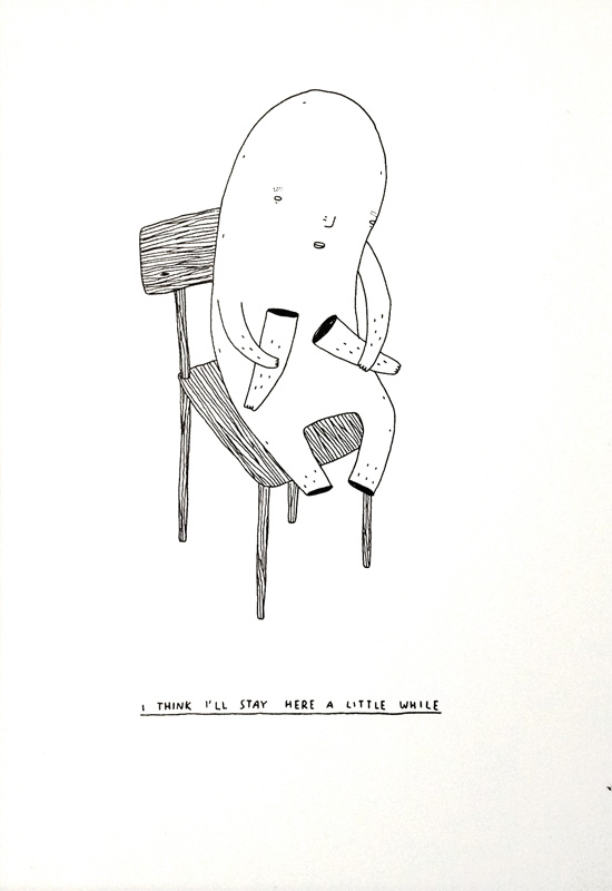 I think I will stay here a little while - 30 x 21. An original illustration of My Buemann. The artwork is framed in a black wooden frame. Black and white illustrations perfect for home interior decoration, original art, gift idea, galleries, talented artists, illustrators