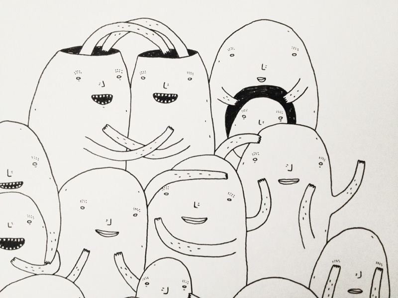 Random people #1 - 21 x 30 - A4. An original art illustration by artist My Buemann. The artwork is framed in a black wooden frame. Bolig indretning med original kunst, finurlige tegninger sjove og skæve figurer af dygtige kunstnere.