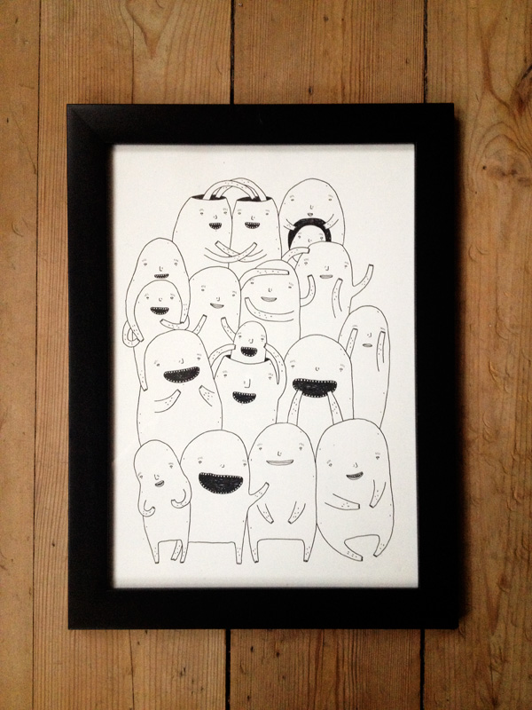 Art exhibition, Random people #1 - 21 x 30 - A4. An original art illustration by artist My Buemann. The artwork is framed in a black wooden frame. Housing decor with original art, quirky drawings fun and offbeat characters of talented artists.