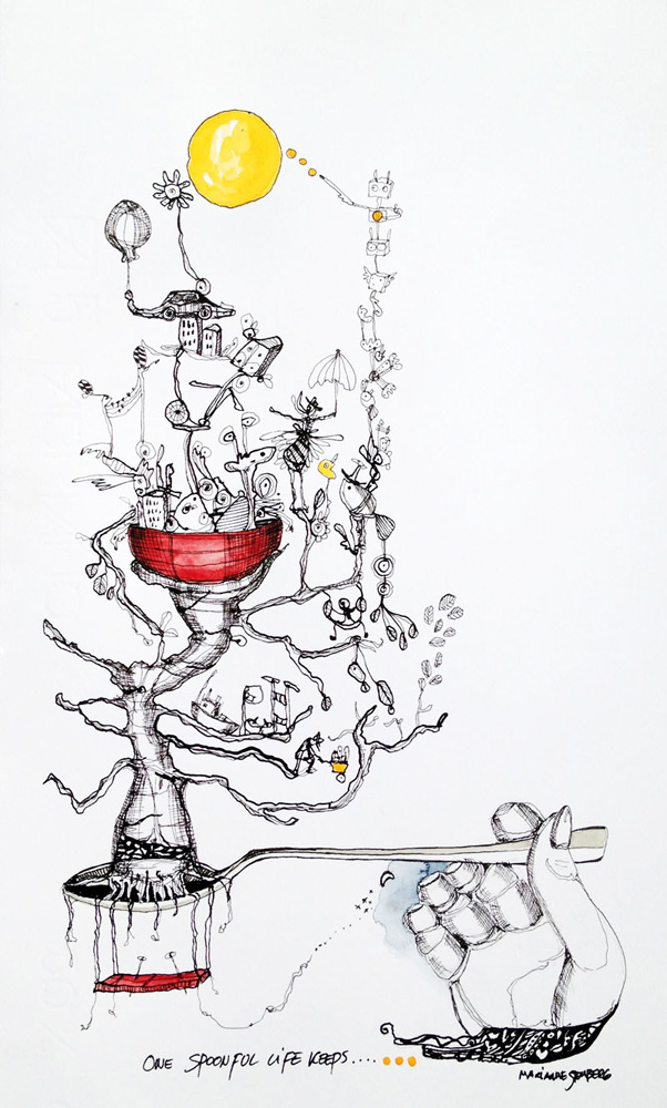 One Spoon Full Life - 33 x 20. An original art drawing by artist Marianne Stenberg. The drawing is not framed. interior design interior design art home talented artists