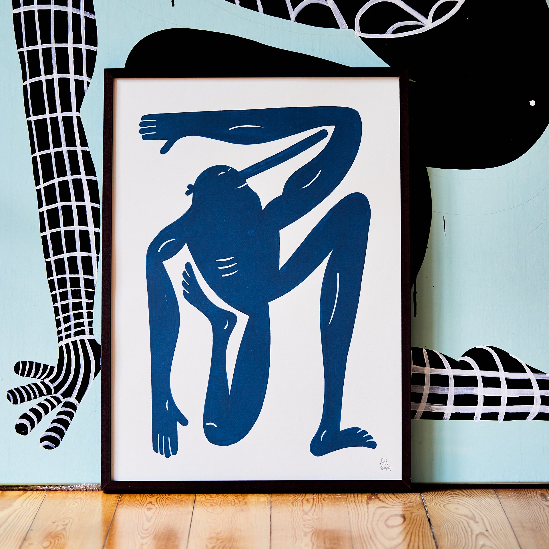 Yoga Exercise II RN (Blue) | Art-prints, Giclee | Mormor | Beauton Art Gallery art-prints, giclee, family-friendly, graphical, illustrative, monochrome, pop, bodies, everyday life, humor, movement, people, blue, white, ink, paper, amusing, contemporary-art, copenhagen, danish, design, interior, interior-design, modern, modern-art, nordic, posters, prints, scandinavien, Buy original high quality art. Paintings, drawings, limited edition prints & posters by talented artists.