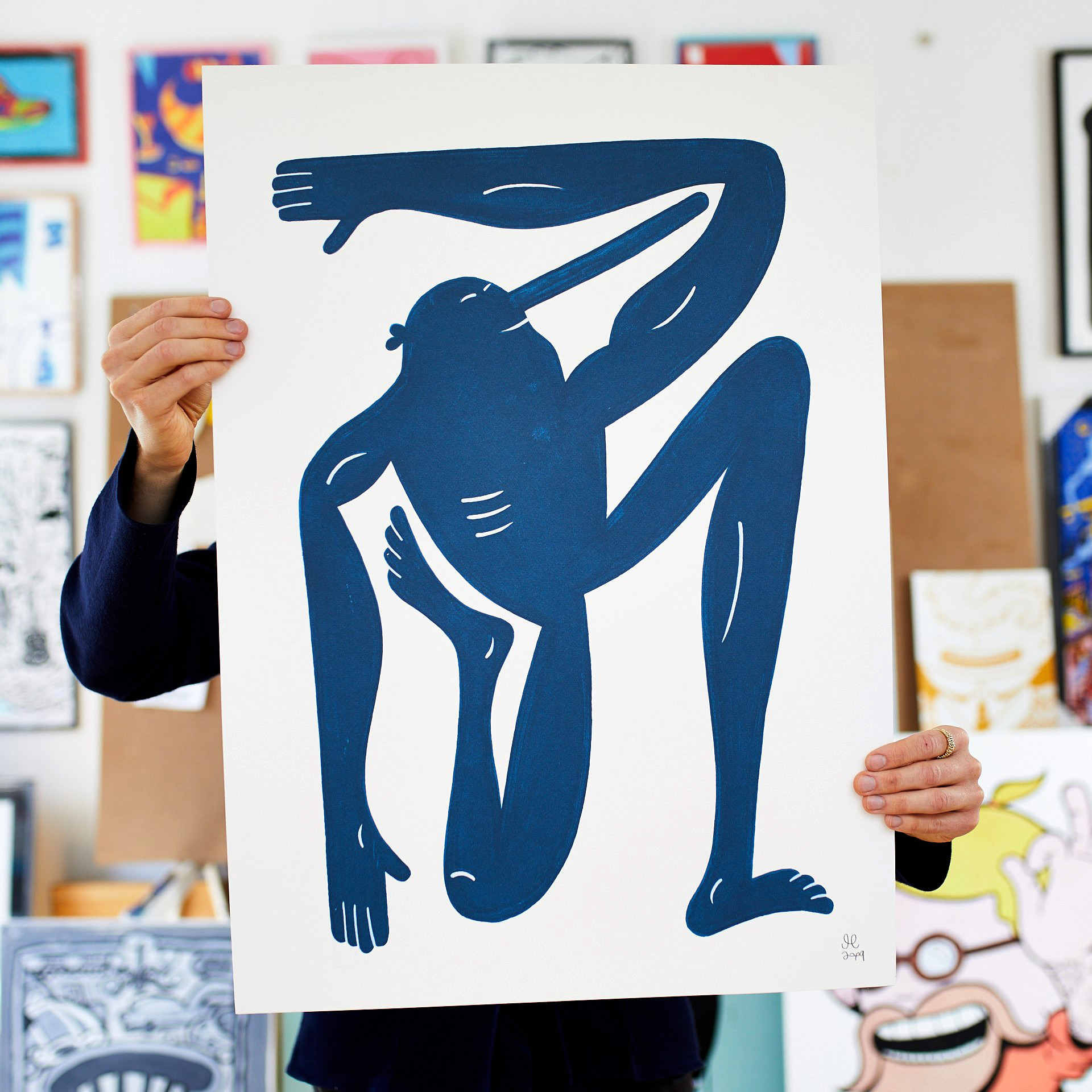 Yoga Exercise II RN (Blue) | Art-prints, Giclee | Mormor | Beauton Art Gallery art-prints, giclee, family-friendly, graphical, illustrative, monochrome, pop, bodies, everyday life, humor, movement, people, blue, white, ink, paper, amusing, contemporary-art, copenhagen, danish, design, interior, interior-design, modern, modern-art, nordic, posters, prints, scandinavien, Buy original high quality art. Paintings, drawings, limited edition prints & posters by talented artists.