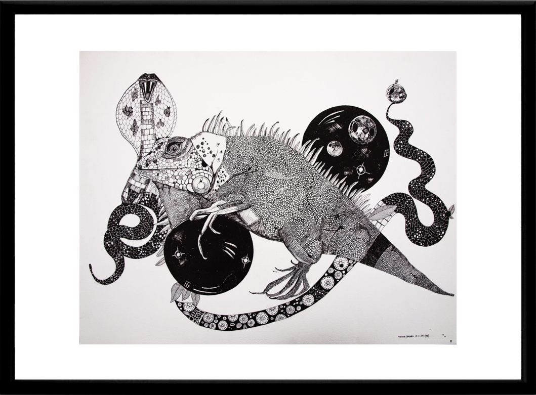 Iguana and Snake signs - framed. An illustration by artist Marianne Stenberg. illustration. Expressive modern art. animals. talented artists, online art gallery.