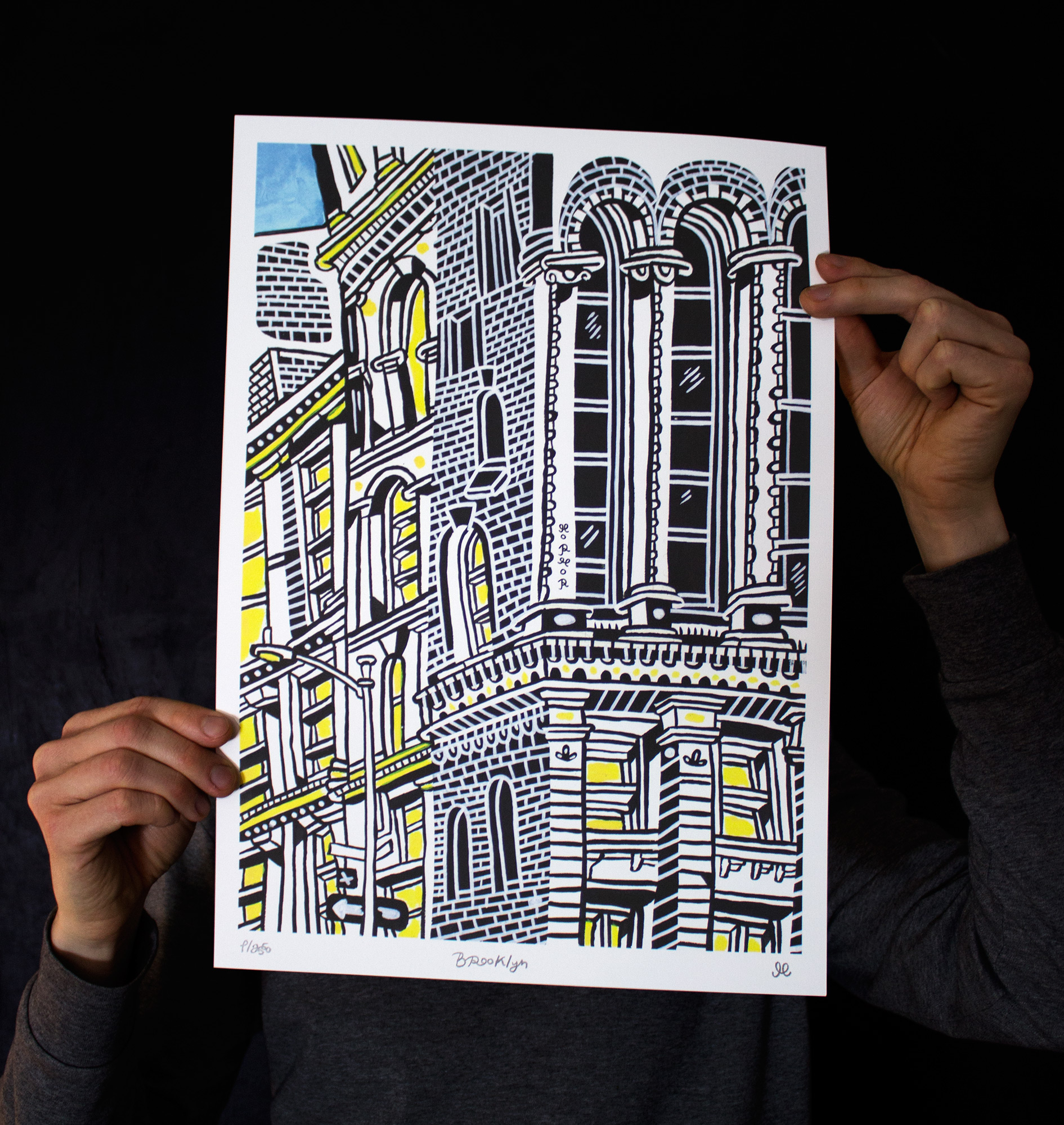 Little Brooklyn | Posters-prints, Giclee-print | Mormor | Beauton Art Gallery posters-prints, giclee-print, family-friendly, figurative, graphical, illustrative, architecture, cartoons, moods, sky, black, blue, grey, white, yellow, ink, paper, architectural, beautiful, buildings, cities, contemporary-art, copenhagen, danish, decorative, design, interior, interior-design, modern, nordic, posters, prints, scandinavien, street-art, streets, Buy original high quality art. Paintings, drawings, limited edition prints & posters by talented artists.