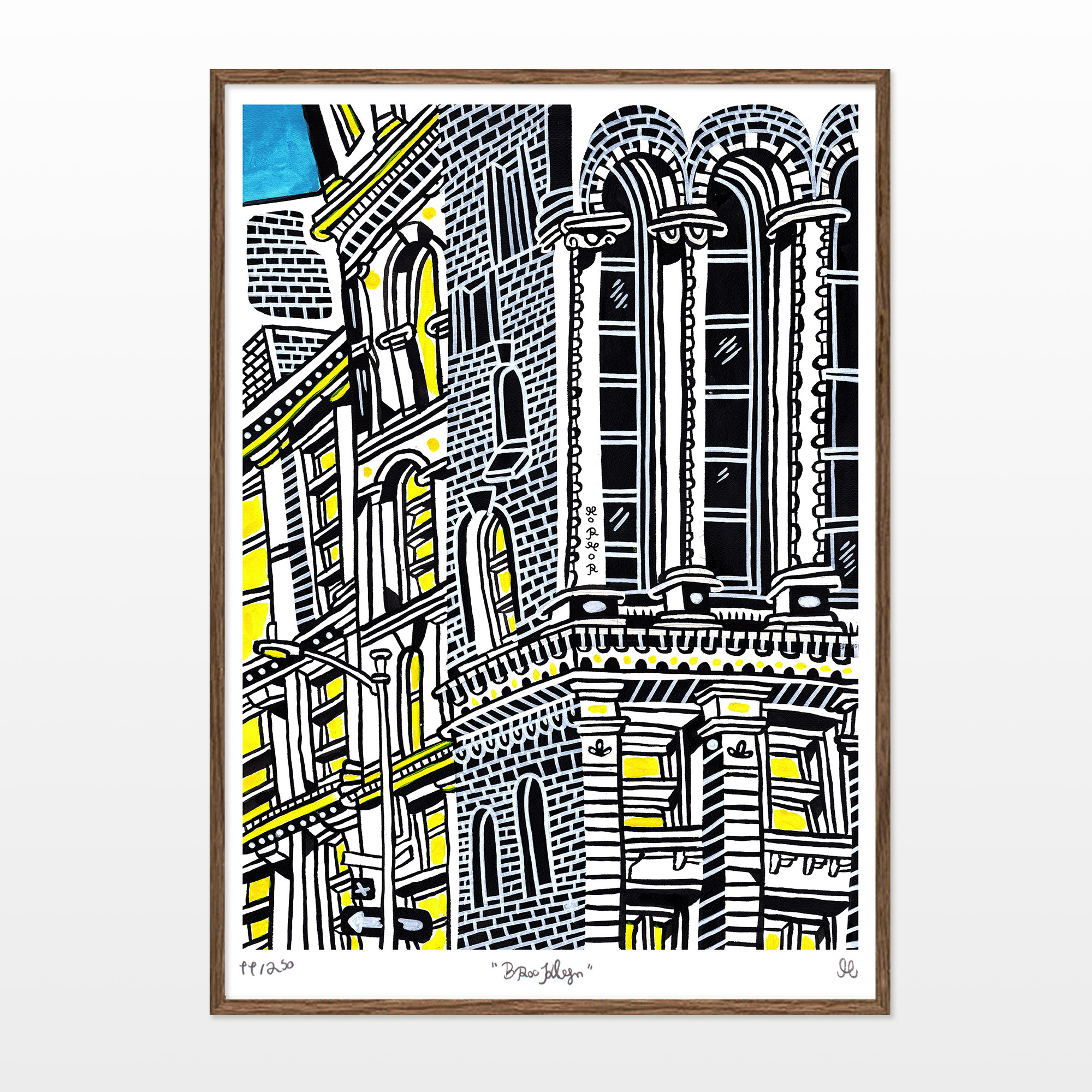 Little Brooklyn | Posters-prints, Giclee-print | Mormor | Beauton Art Gallery posters-prints, giclee-print, family-friendly, figurative, graphical, illustrative, architecture, cartoons, moods, sky, black, blue, grey, white, yellow, ink, paper, architectural, beautiful, buildings, cities, contemporary-art, copenhagen, danish, decorative, design, interior, interior-design, modern, nordic, posters, prints, scandinavien, street-art, streets, Buy original high quality art. Paintings, drawings, limited edition prints & posters by talented artists.