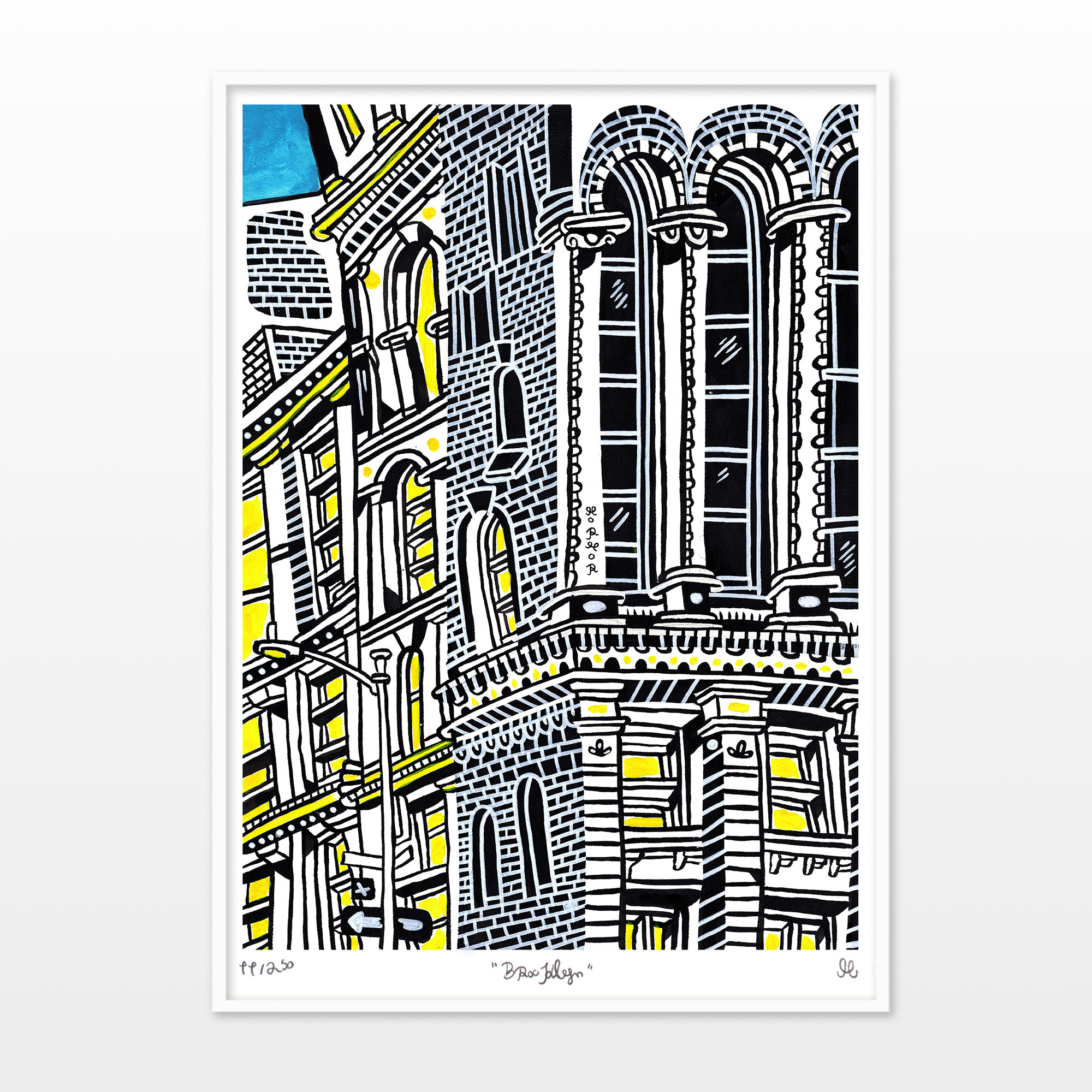 Little Brooklyn | Posters-prints, Giclee-print | Mormor | Beauton Art Gallery posters-prints, giclee-print, family-friendly, figurative, graphical, illustrative, architecture, cartoons, moods, sky, black, blue, grey, white, yellow, ink, paper, architectural, beautiful, buildings, cities, contemporary-art, copenhagen, danish, decorative, design, interior, interior-design, modern, nordic, posters, prints, scandinavien, street-art, streets, Buy original high quality art. Paintings, drawings, limited edition prints & posters by talented artists.