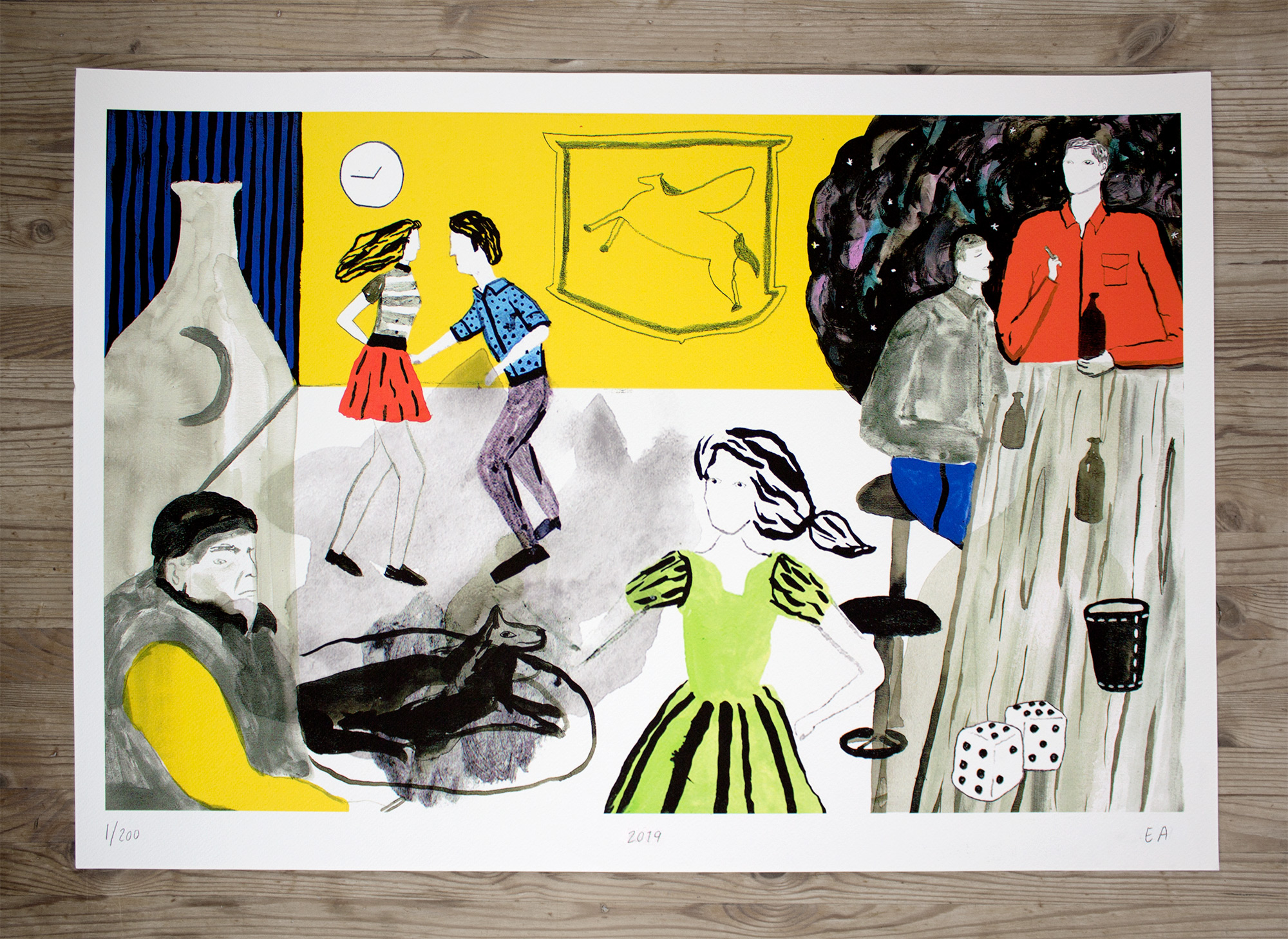 posters-prints, giclee-print, colorful, illustrative, pop, everyday life, movement, people, black, green, grey, red, ink, paper, contemporary-art, dance, danish, design, drinks, female, interior, interior-design, modern, modern-art, nordic, party, scandinavien, Buy original high quality art. Paintings, drawings, limited edition prints & posters by talented artists.