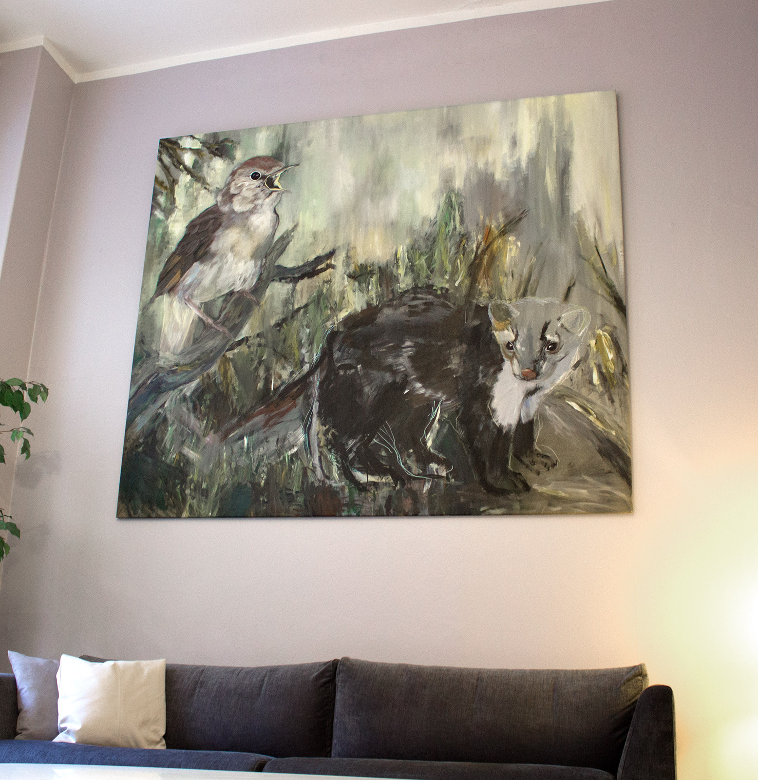 Nightingale & stone marten | Paintings | Louise Bech Pedersen | Beauton Art Gallery paintings, animal, colorful, figurative, illustrative, landscape, animals, botany, insects, wildlife, brown, green, grey, acrylic, flax-canvas, oil, autumn, contemporary-art, danish, design, interior, interior-design, modern, modern-art, nordic, scandinavien, Buy original high quality art. Paintings, drawings, limited edition prints & posters by talented artists.