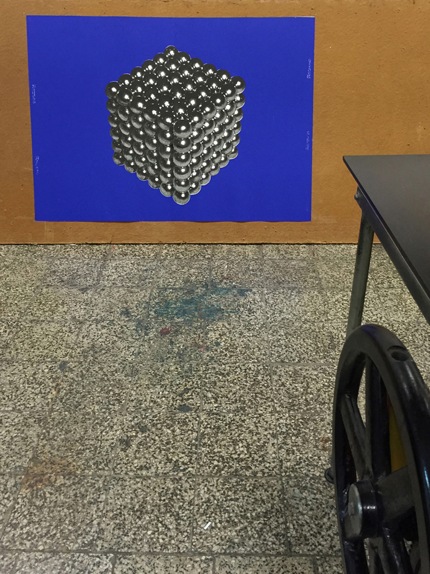 Magnetic cube blue - 140 x 100 cm. Limited edition linocut print by Marta Banaszak MAGNETIC CUBE linocut_printing process