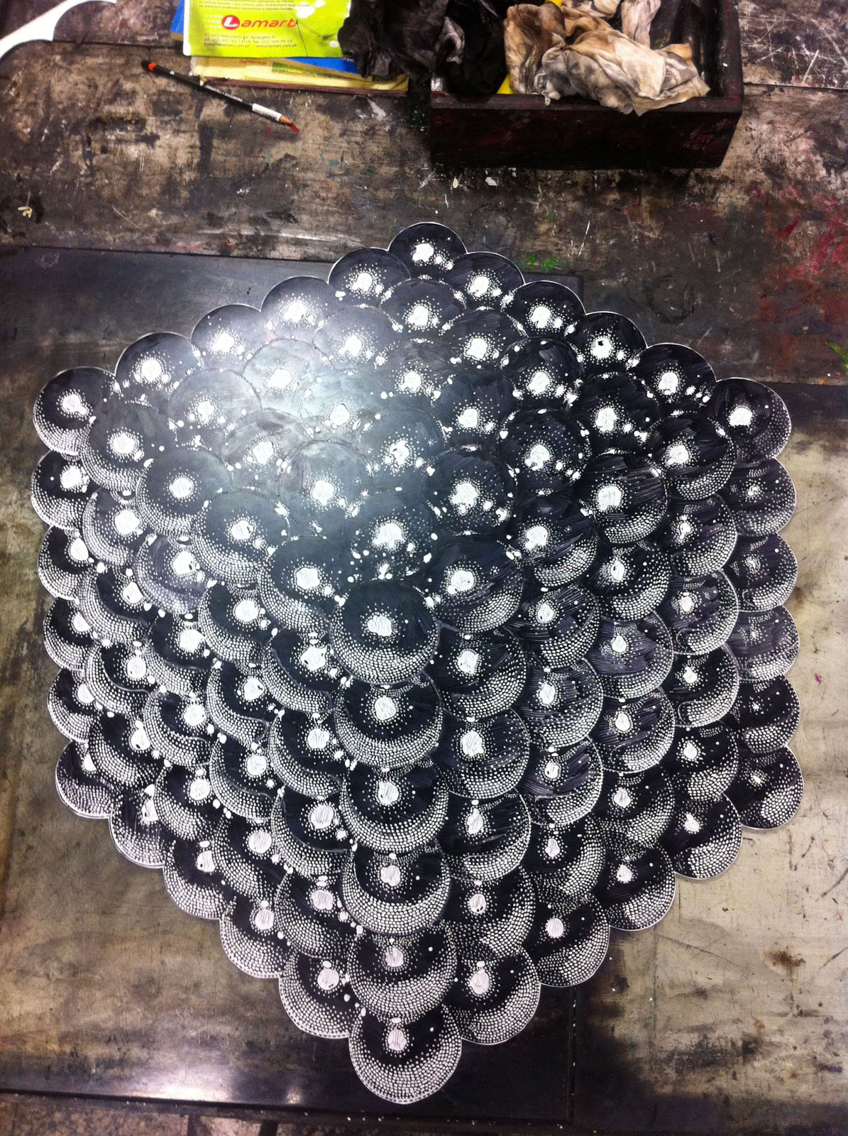 Magnetic cube blue - 140 x 100 cm. Limited edition linocut print by Marta Banaszak MAGNETIC CUBE linocut_stencil